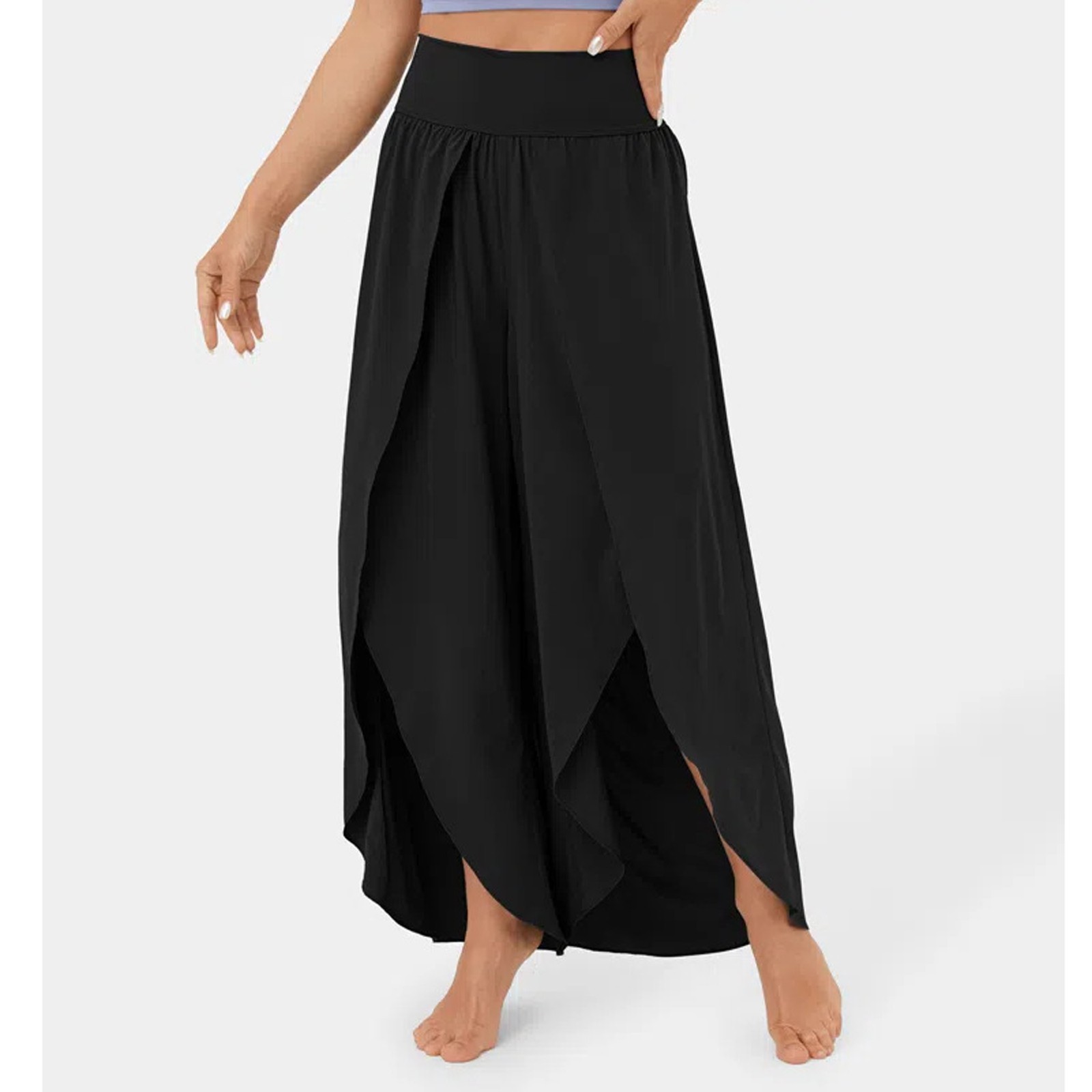 High Waisted Back Waistband Pocket Palazzo Flowy Split Wide Leg Quick Dry Casual Pants