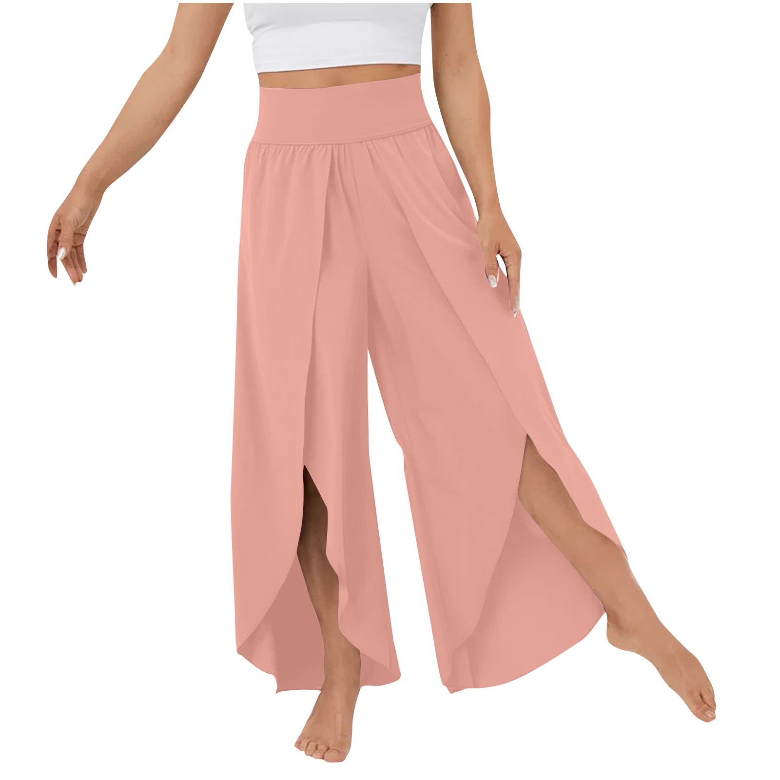 High Waisted Back Waistband Pocket Palazzo Flowy Split Wide Leg Quick Dry Casual Pants