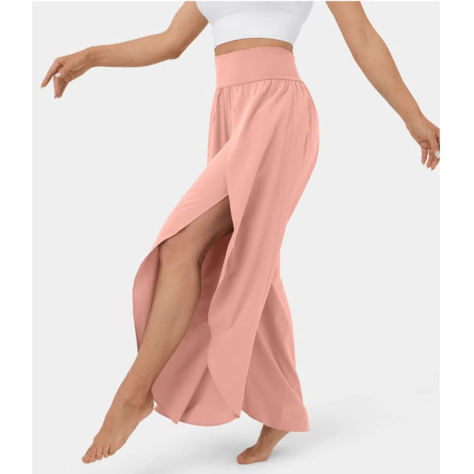 High Waisted Back Waistband Pocket Palazzo Flowy Split Wide Leg Quick Dry Casual Pants
