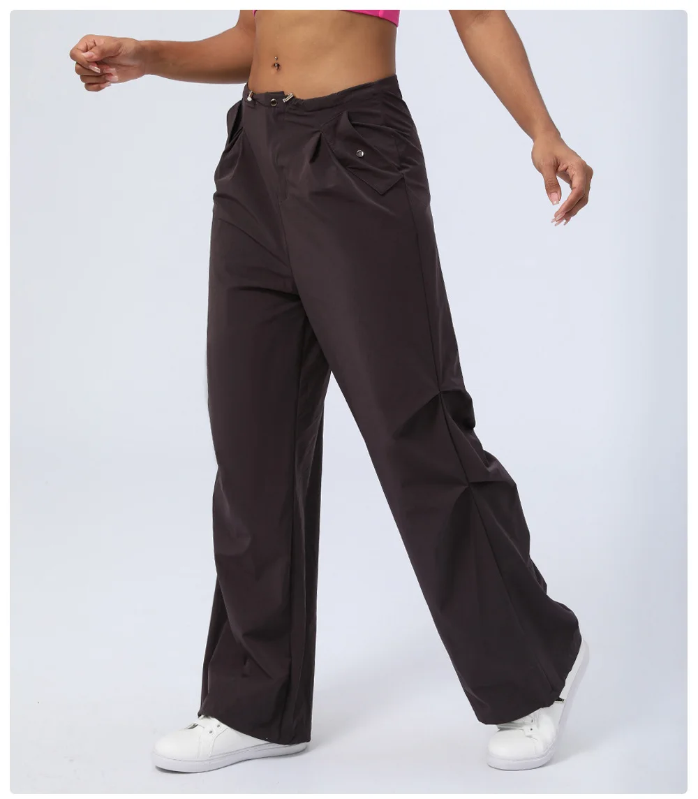 Wear-resistant Mid Rise Adjustable Drawcord Side Pocket Straight Leg Casual Pants
