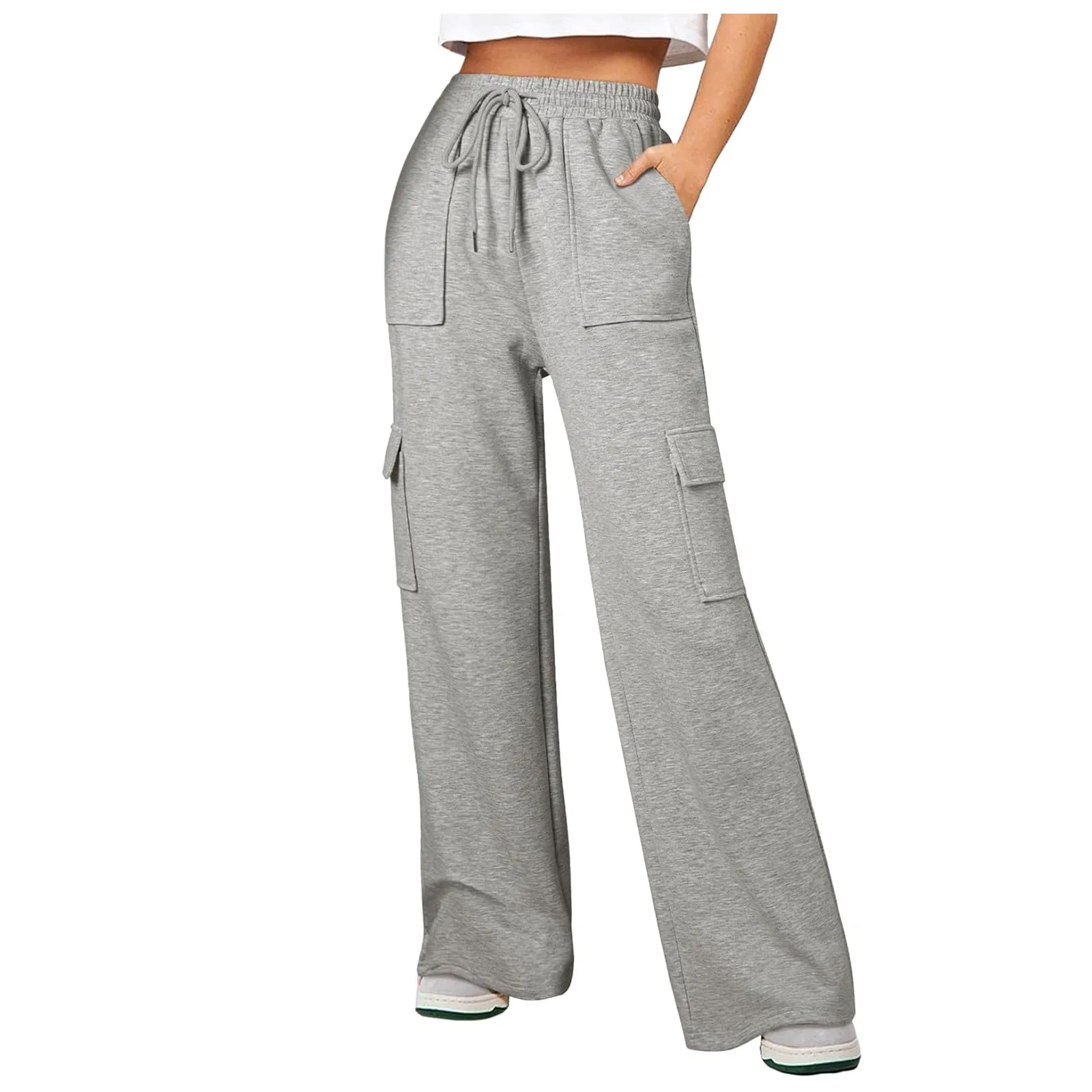 High Waisted Drawstring Multiple Pockets Straight Leg Fleece Casual Cargo Pants