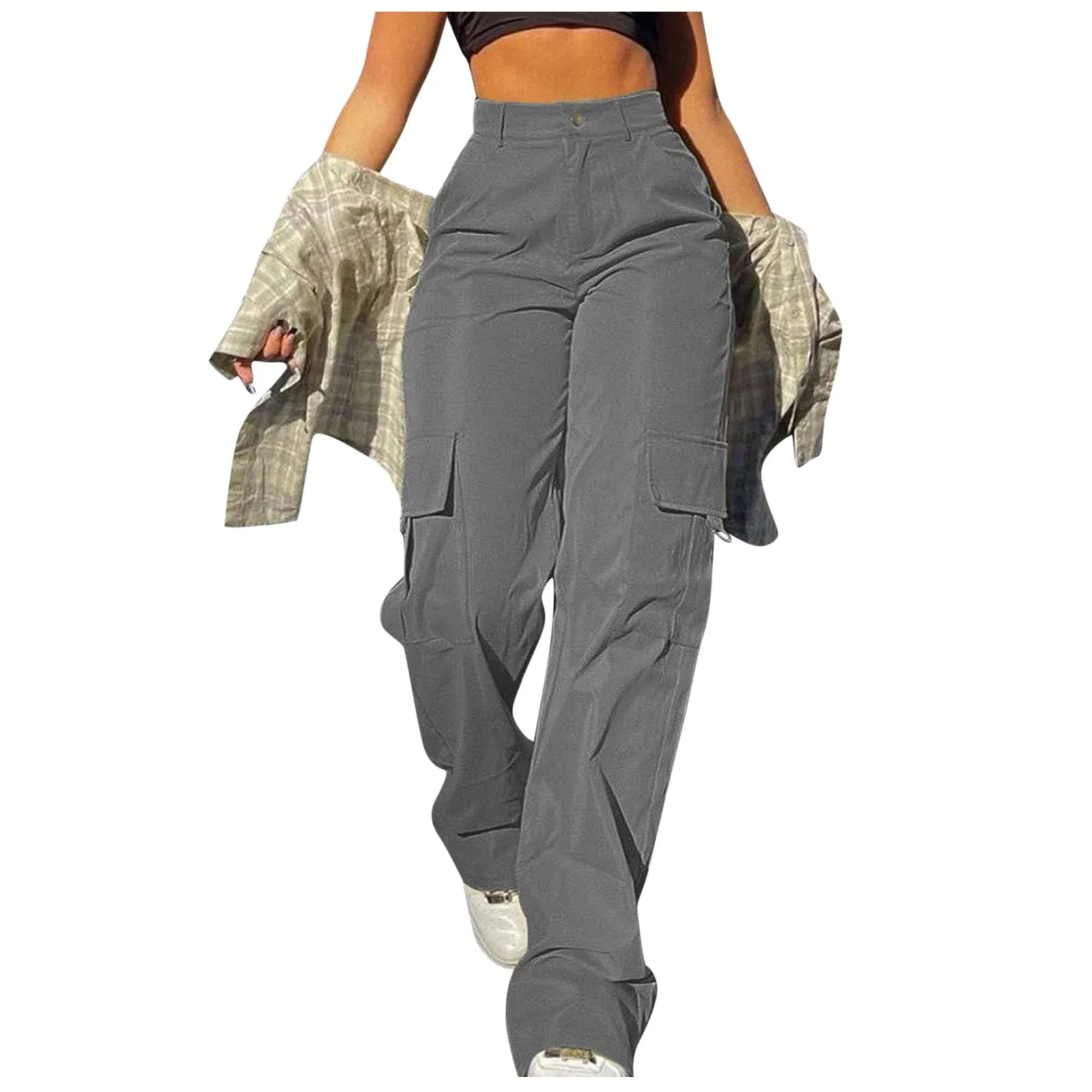 Mid Rise Button Zipper Side Pocket Wide Leg Casual Cargo Pants