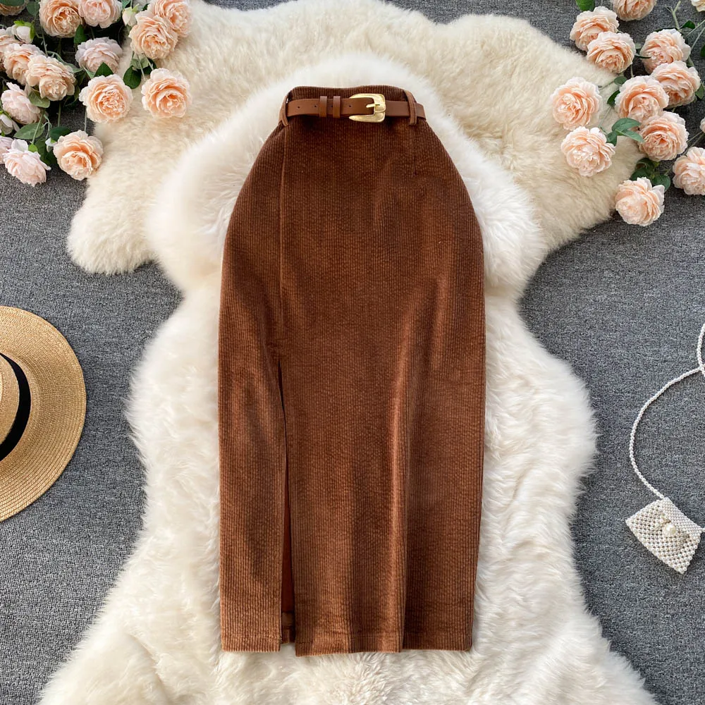 High Waisted Invisible Zipper Split Midi Corduroy Casual Skirt