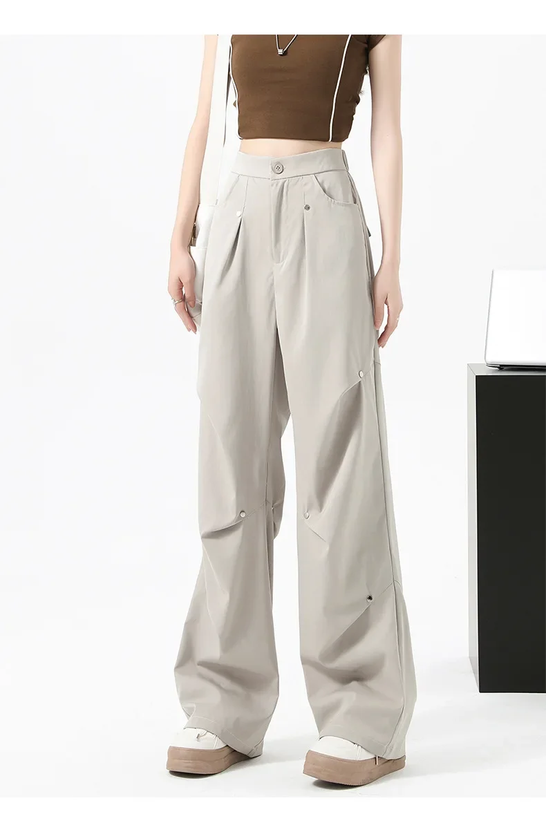 Mid Rise Button Zipper Side Pocket Casual Parachute Pants