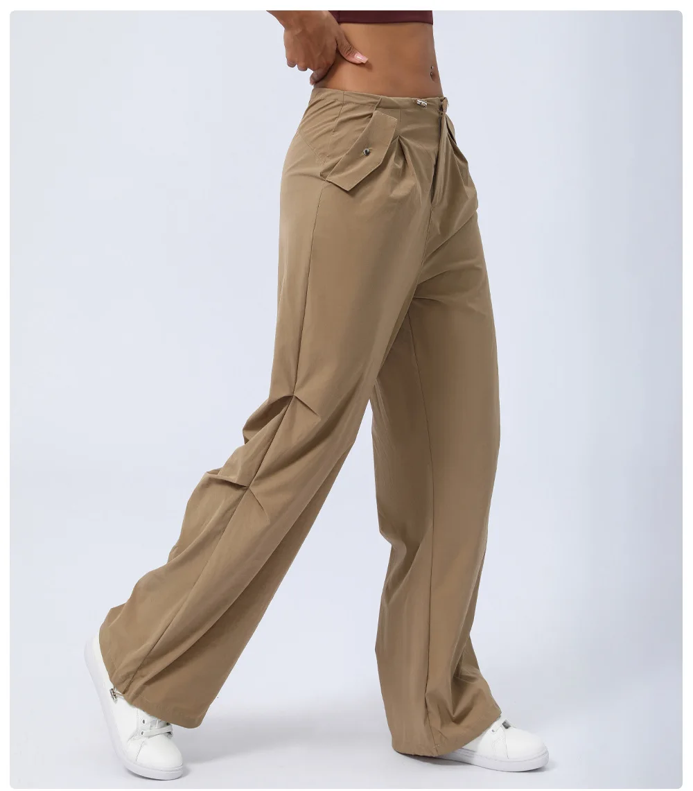 Wear-resistant Mid Rise Adjustable Drawcord Side Pocket Straight Leg Casual Pants