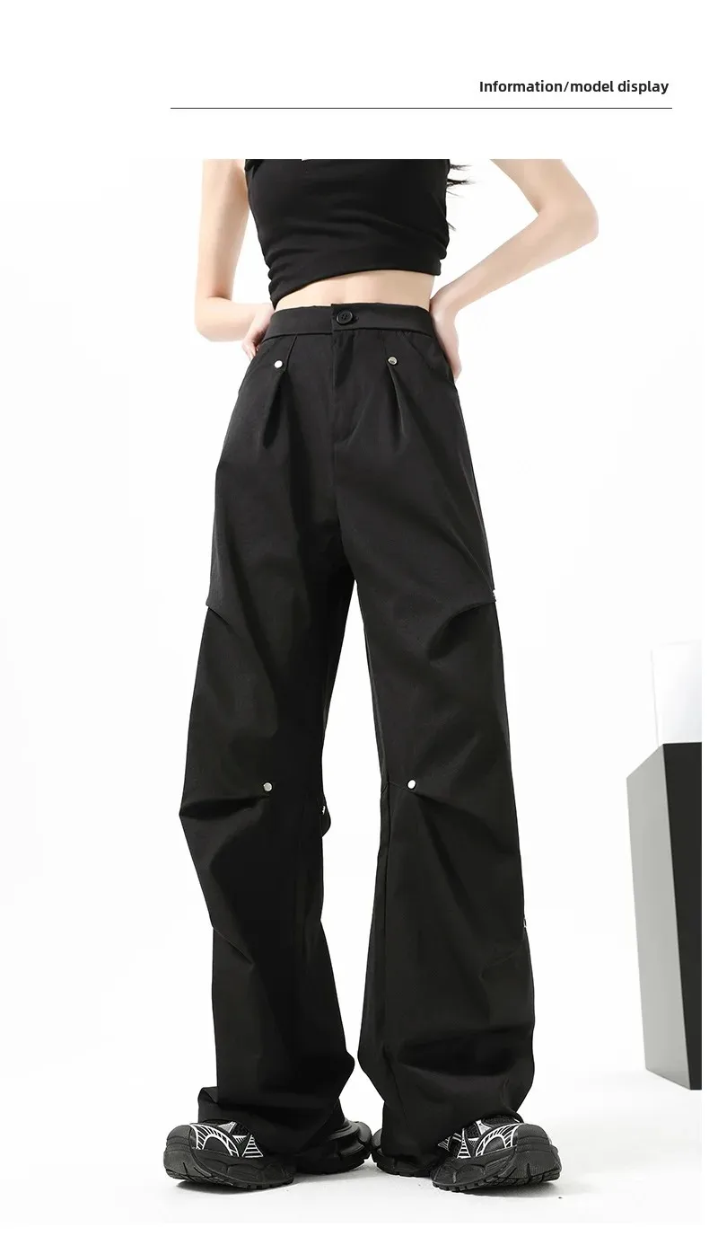 Mid Rise Button Zipper Side Pocket Casual Parachute Pants
