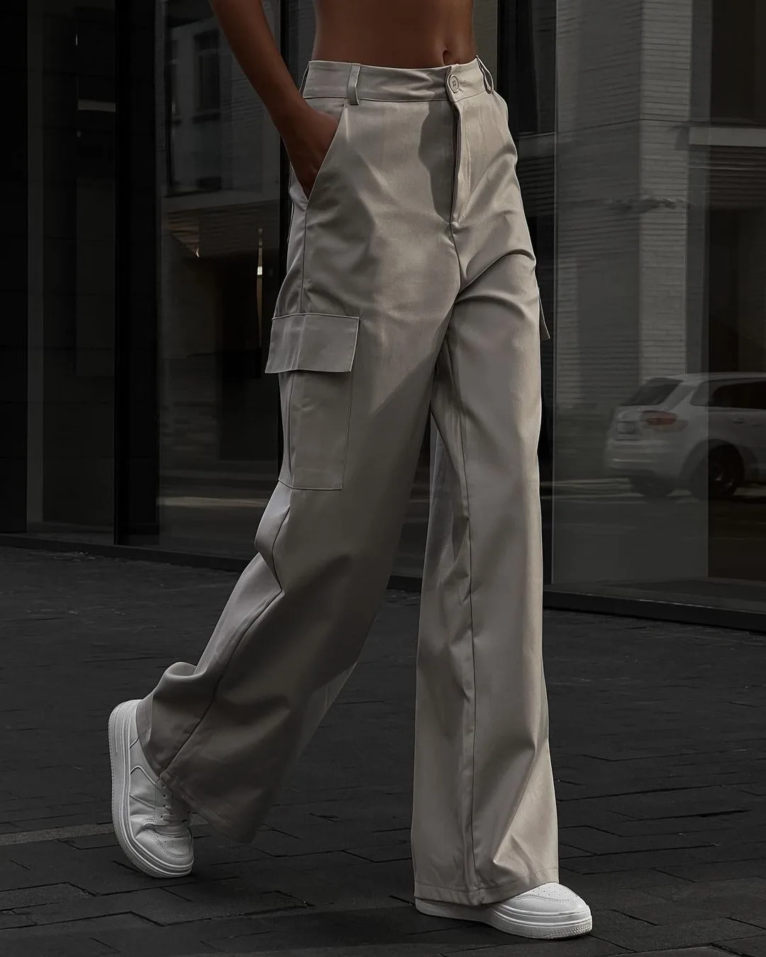Mid Rise Button Zipper Multiple Pockets Cargo Wide Leg Casual Pants