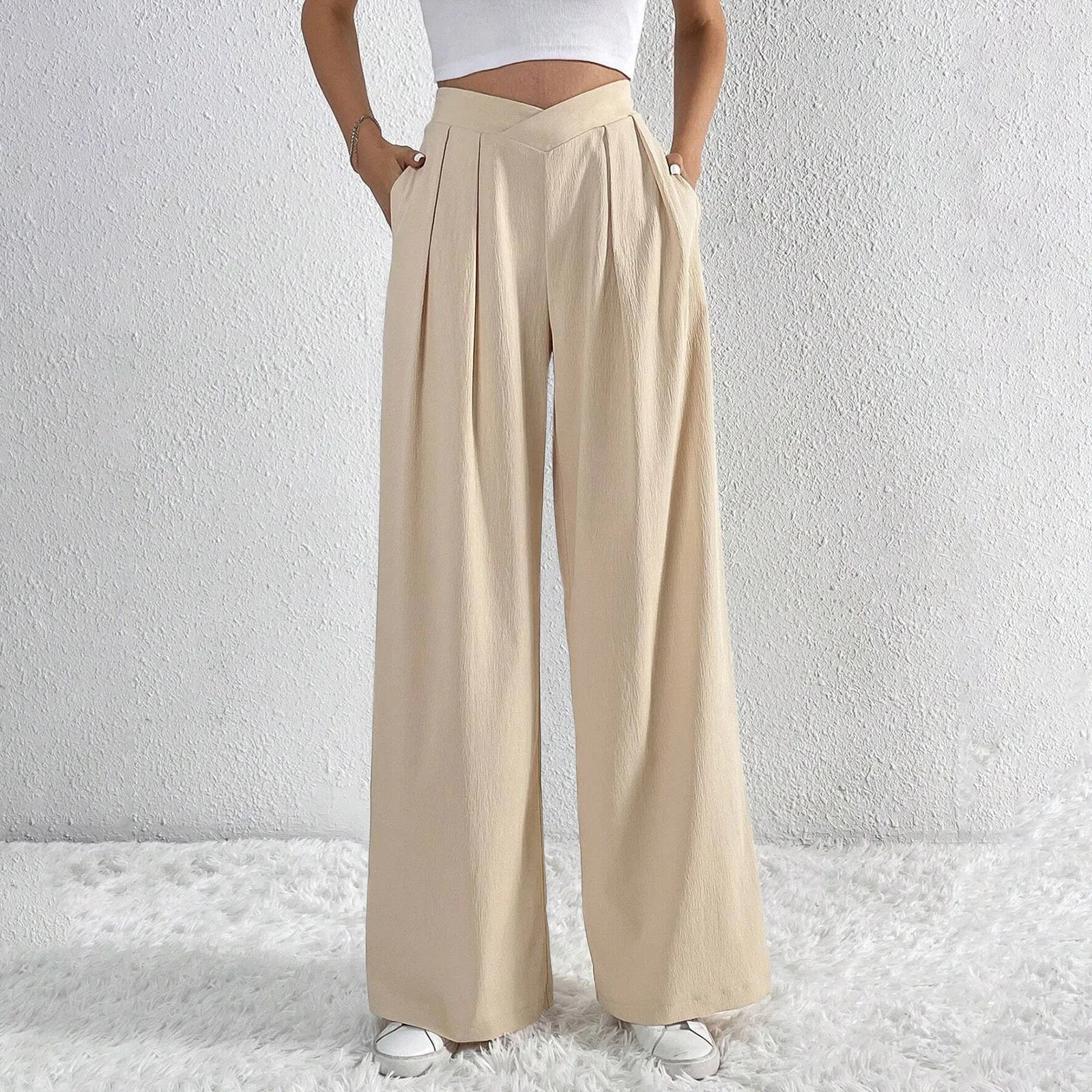 High Waisted Crossover Side Pocket Wide Leg Micro Waffle Work Pants