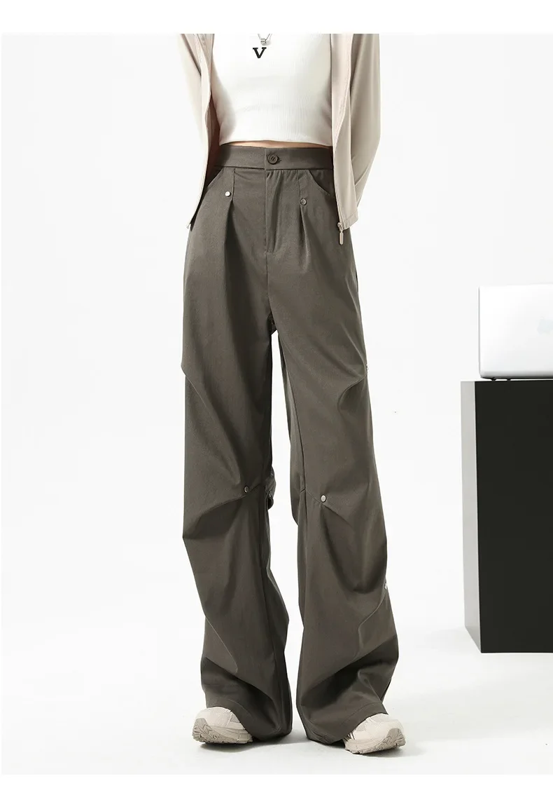 Mid Rise Button Zipper Side Pocket Casual Parachute Pants
