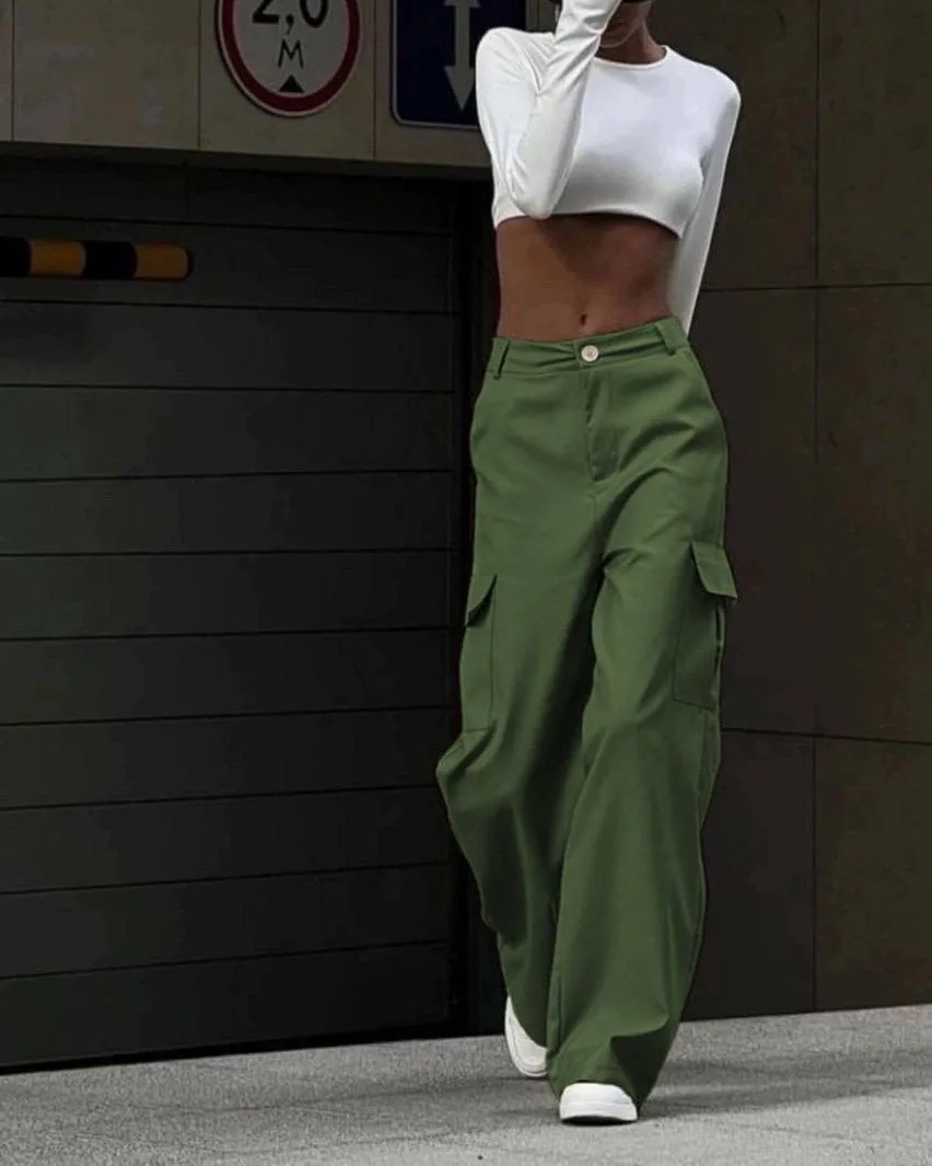 Mid Rise Button Zipper Multiple Pockets Cargo Wide Leg Casual Pants