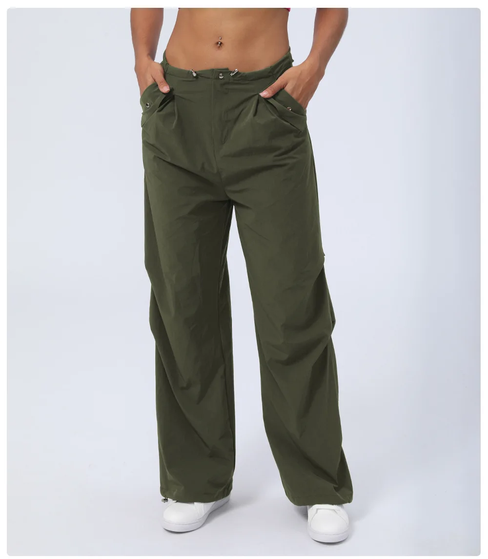 Wear-resistant Mid Rise Adjustable Drawcord Side Pocket Straight Leg Casual Pants