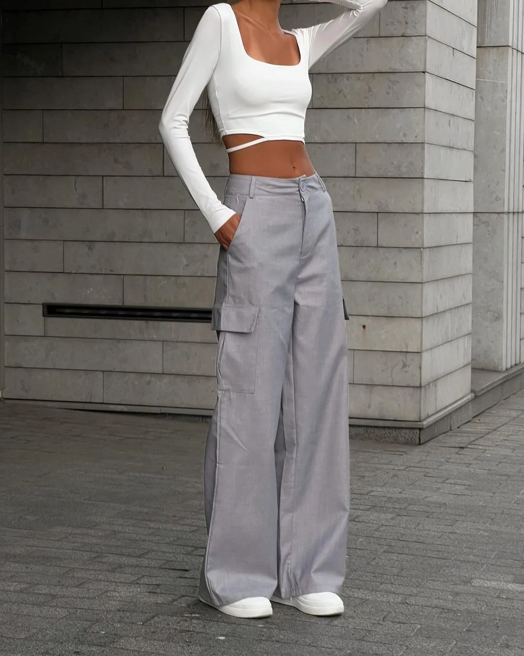 Mid Rise Button Zipper Multiple Pockets Cargo Wide Leg Casual Pants