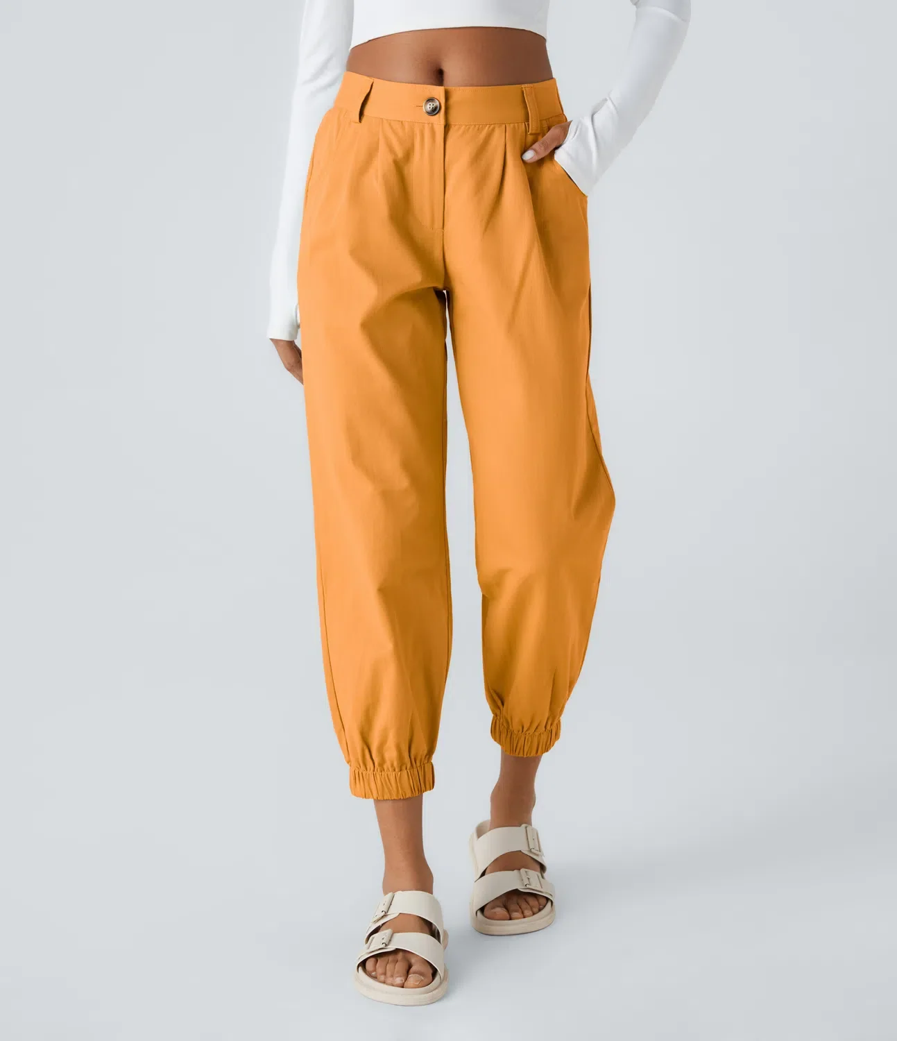 Mid Rise Button Zipper Side Pocket Casual Cotton Joggers