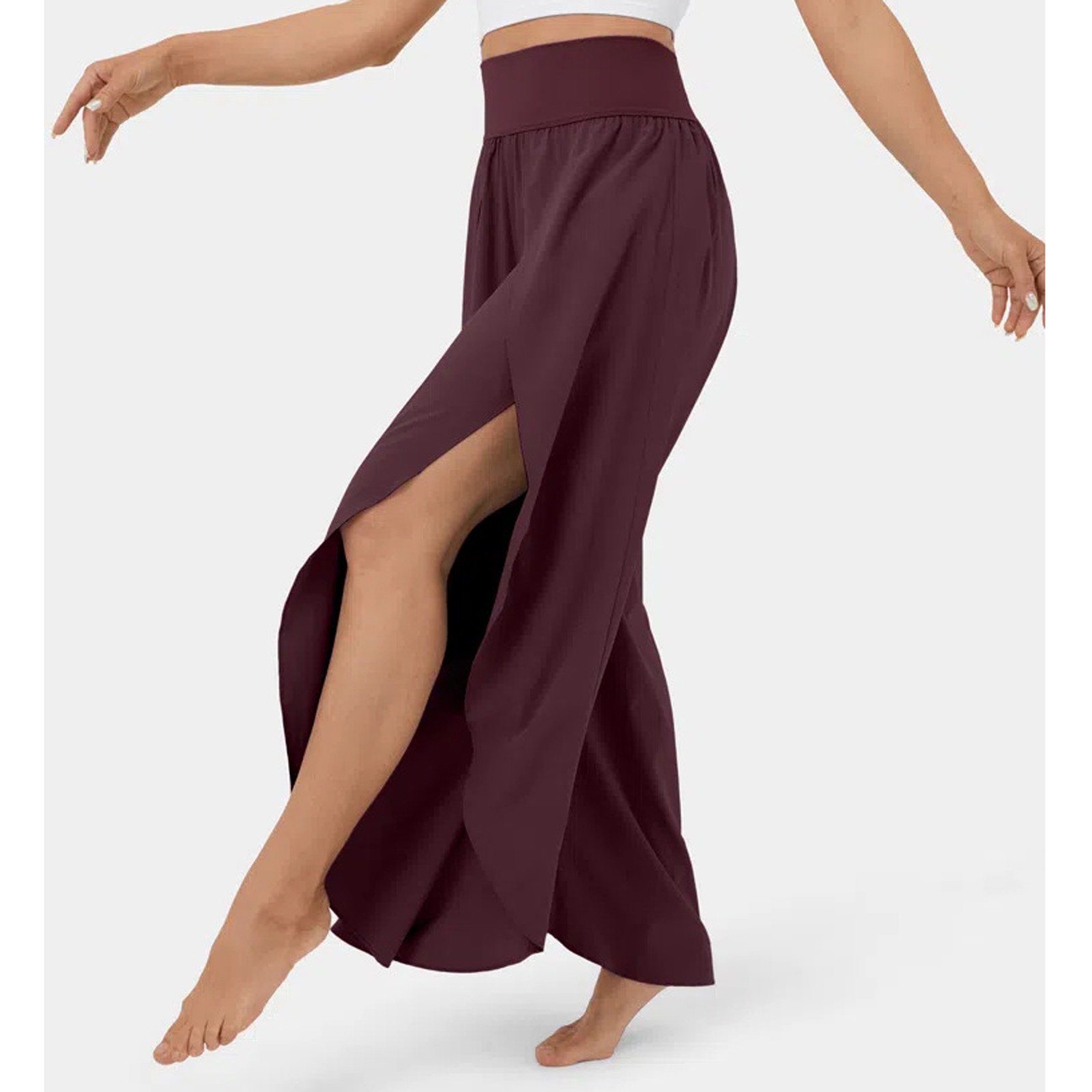 High Waisted Back Waistband Pocket Palazzo Flowy Split Wide Leg Quick Dry Casual Pants