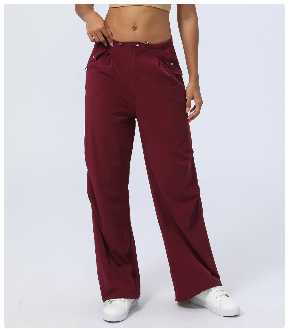 Wear-resistant Mid Rise Adjustable Drawcord Side Pocket Straight Leg Casual Pants