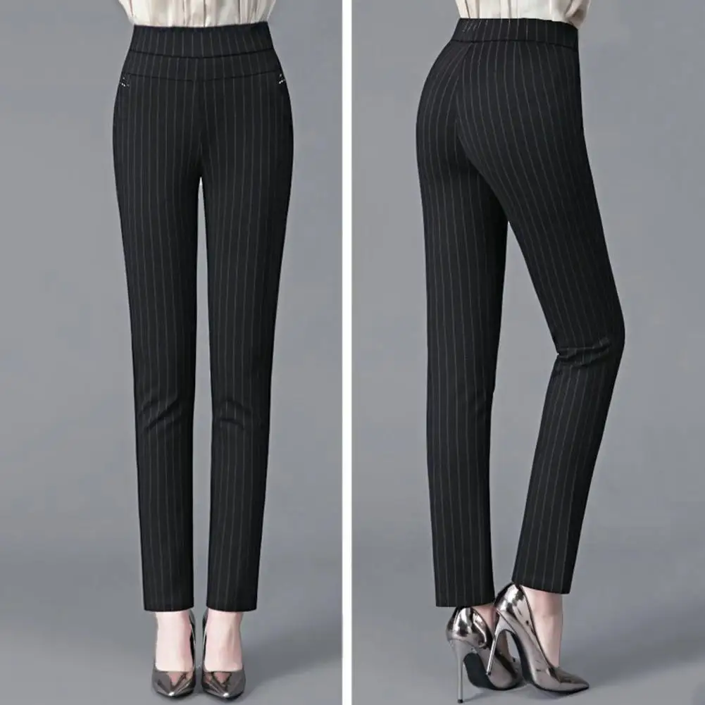 Mid Rise Side Pocket Stripe Ankle Length Straight Leg Work Pants
