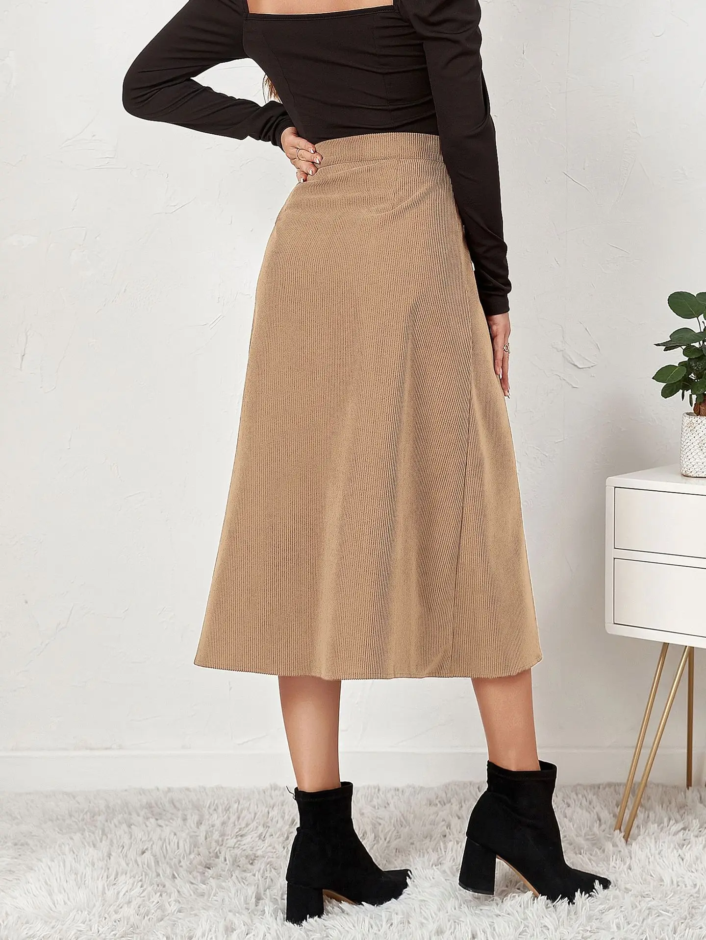 High Waisted Decorative Button Side Pocket Midi Casual Skirt