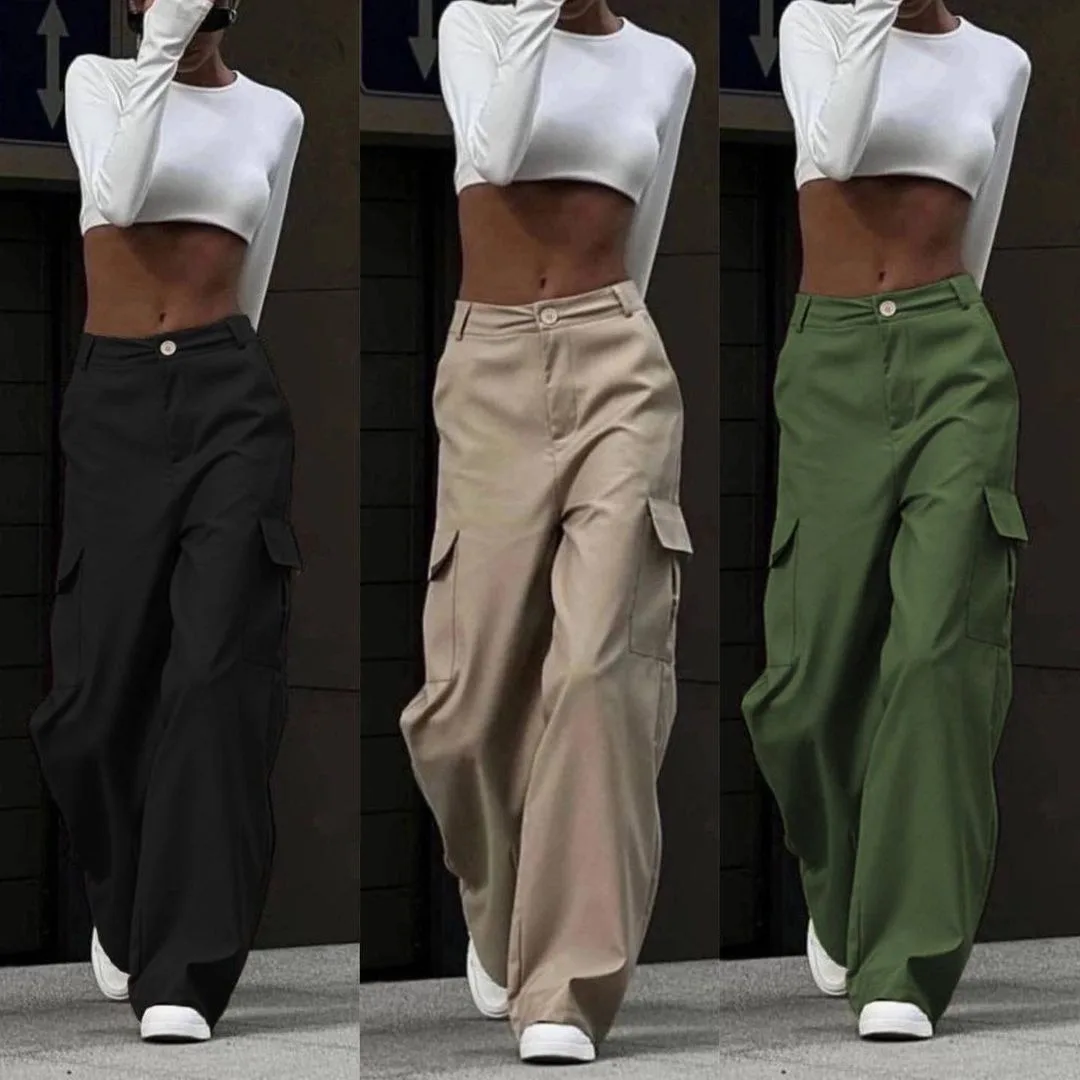 Mid Rise Button Zipper Multiple Pockets Cargo Wide Leg Casual Pants