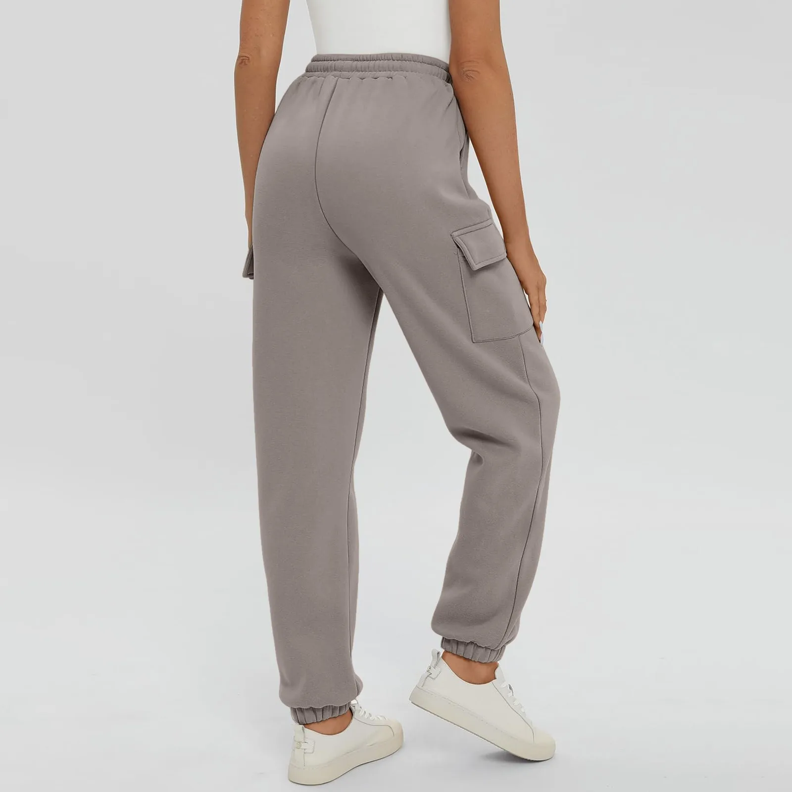 High Waisted Drawstring Multiple Pockets Fleece Casual Pants