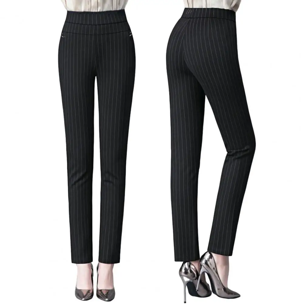 Mid Rise Side Pocket Stripe Ankle Length Straight Leg Work Pants