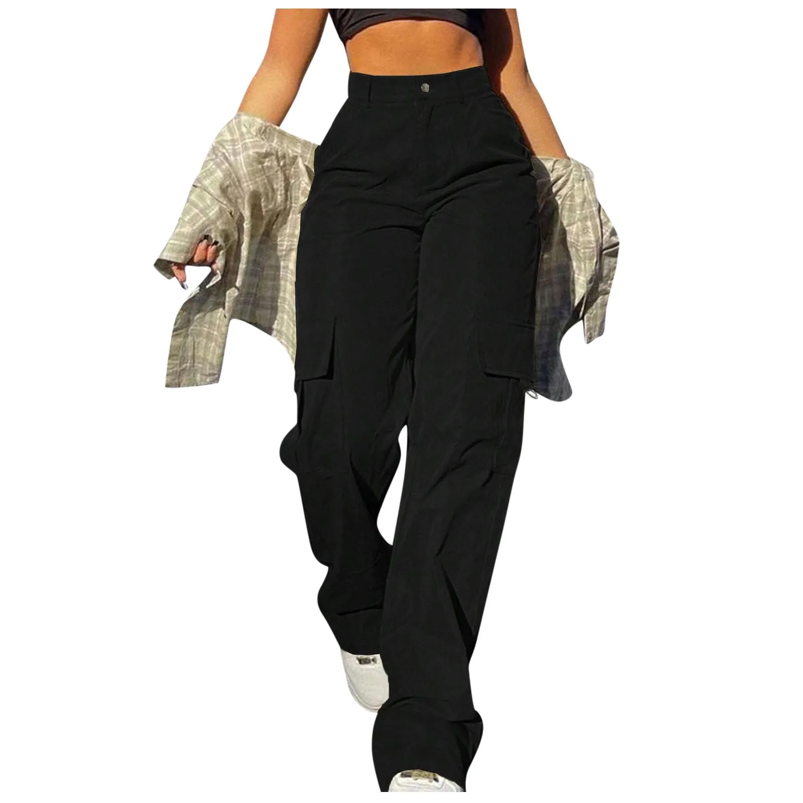 Mid Rise Button Zipper Side Pocket Wide Leg Casual Cargo Pants