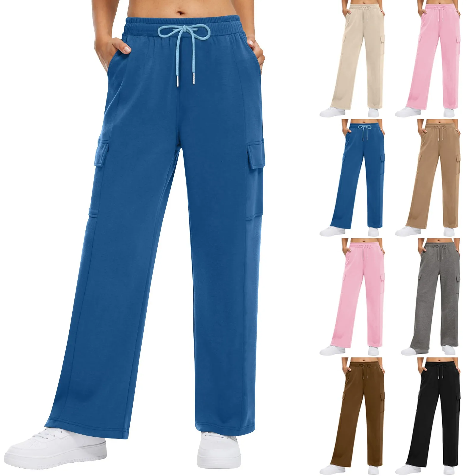 High Waisted Drawstring Multiple Pockets Straight Leg Casual Cargo Pants