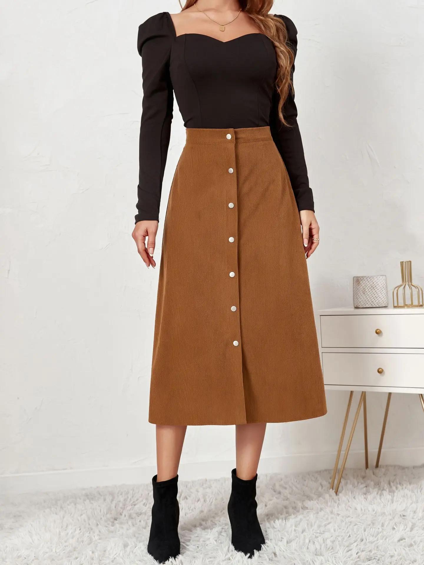 High Waisted Decorative Button Side Pocket Midi Casual Skirt