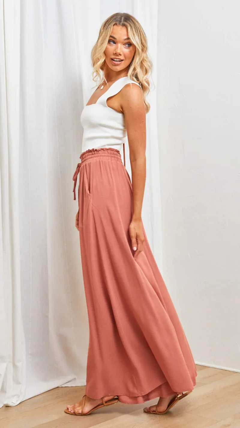 High Waisted Drawstring Side Pocket Ruffle Wide Leg Casual Pants