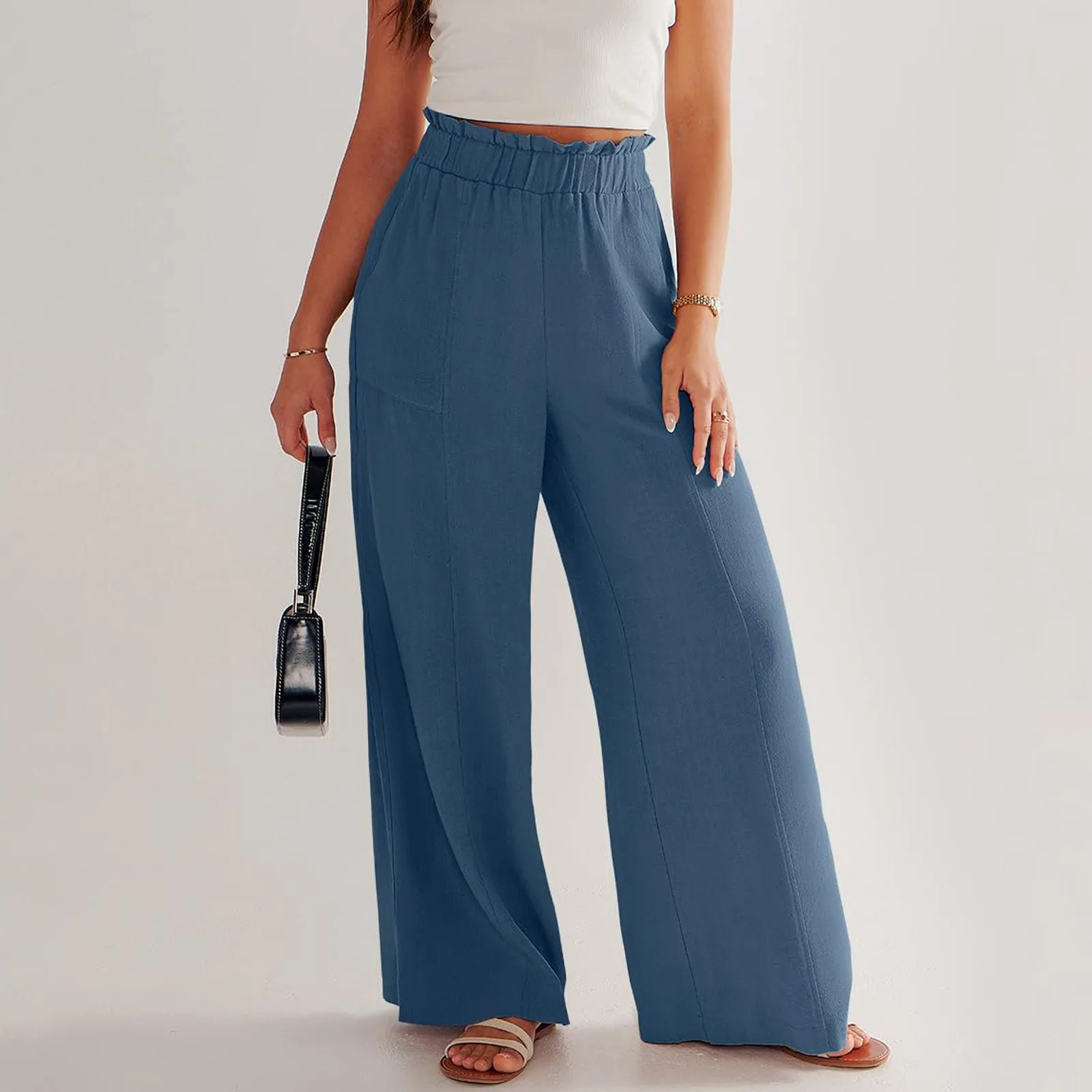 Low Rise Frill Multiple Pockets Resort Linen-feel Pants