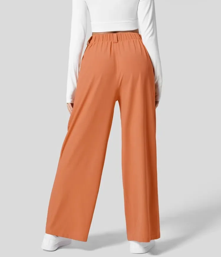 High Waisted Side Pocket Wide Leg Flowy Solid Palazzo Quick Dry Casual Pants