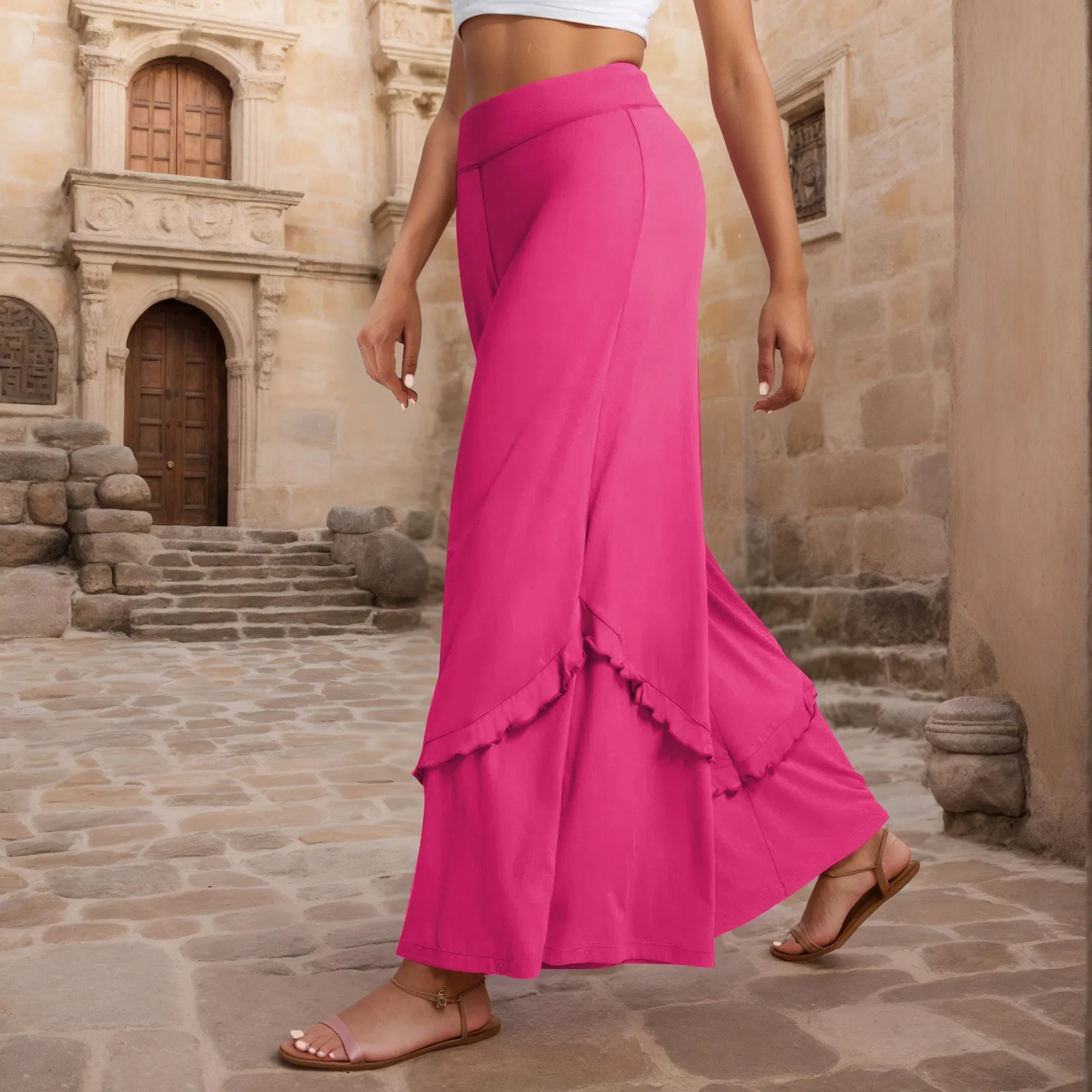Mid Rise Back Pocket Ruffle Flowy Wide Leg Casual Pants