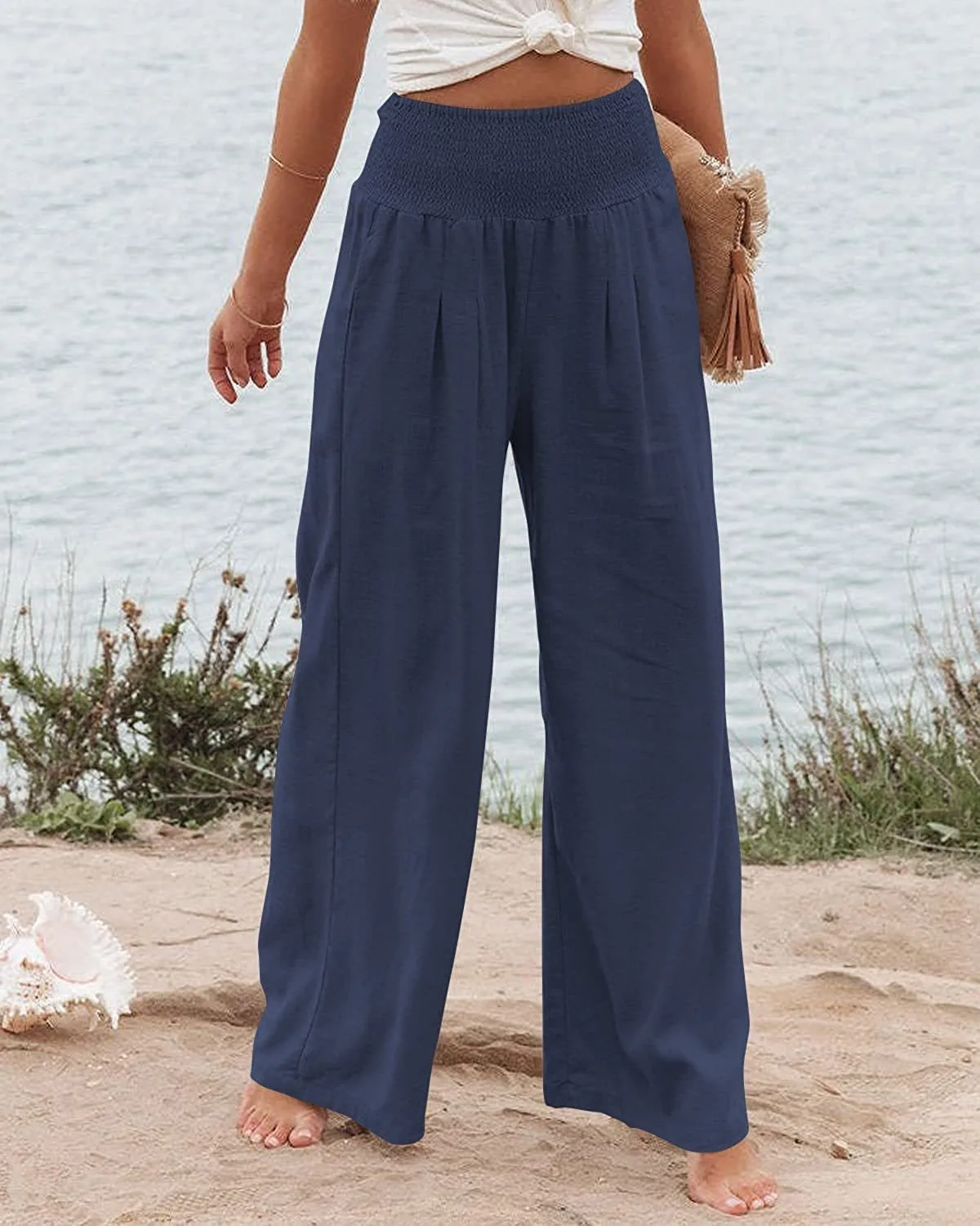 High Waisted Multiple Pockets Wide Leg Palazzo Casual Linen-feel Pants