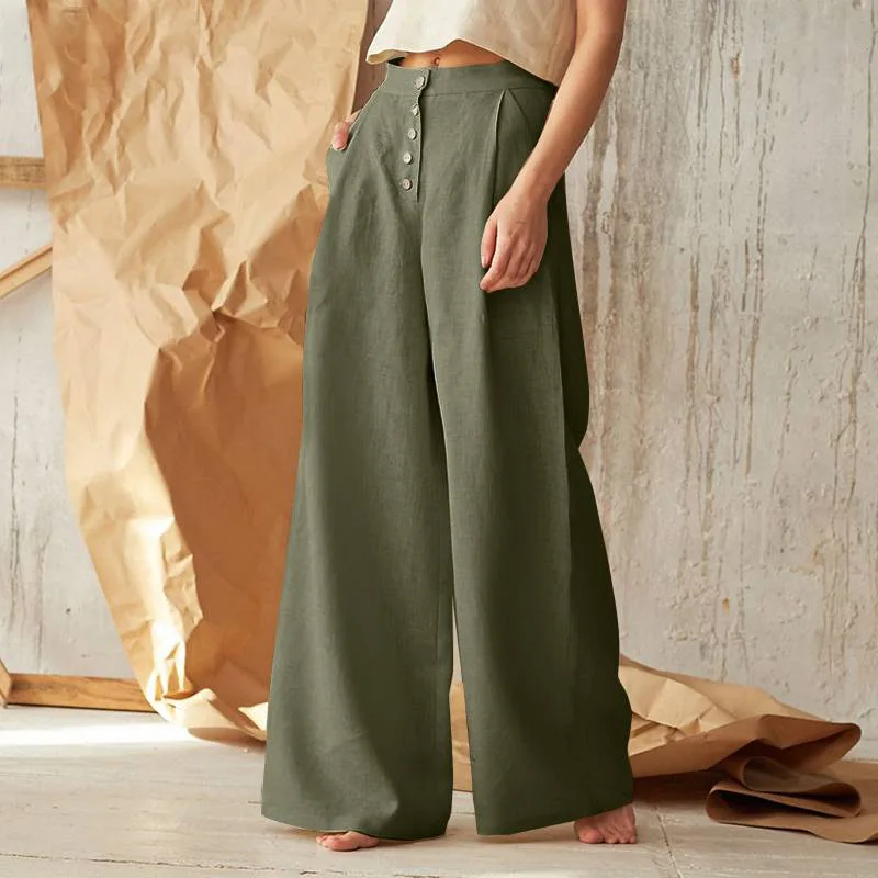 High Waisted Button Side Pocket Wide Leg Linen-feel Casual Cotton Pants
