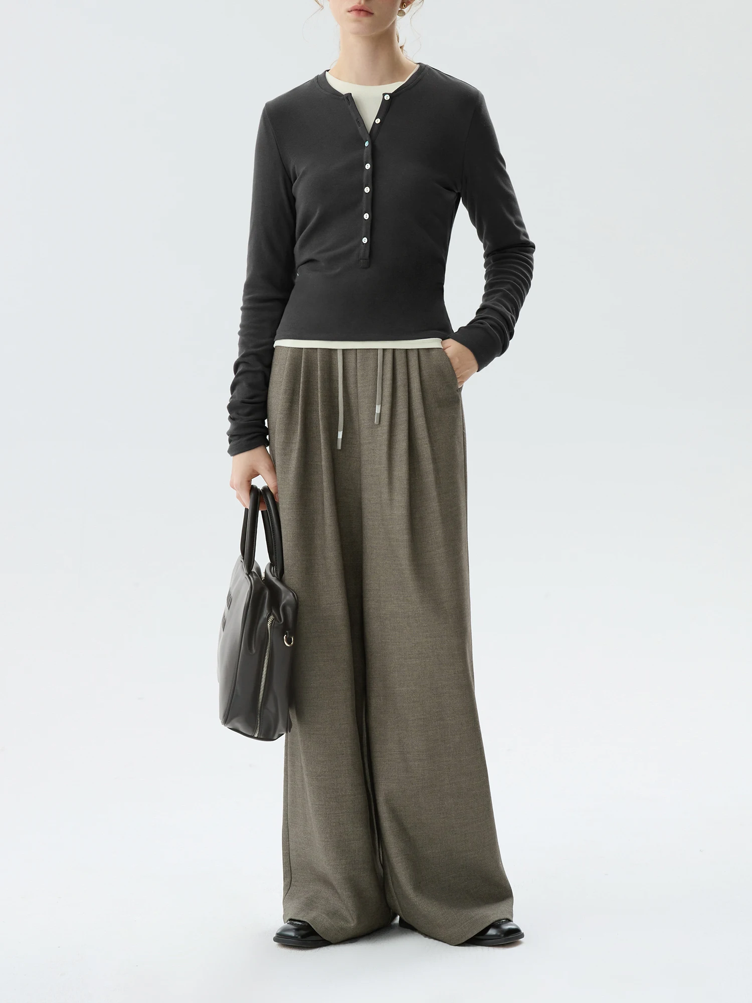 Ribbed Knit High Waisted Multiple Pockets Wide Leg Casual Pants