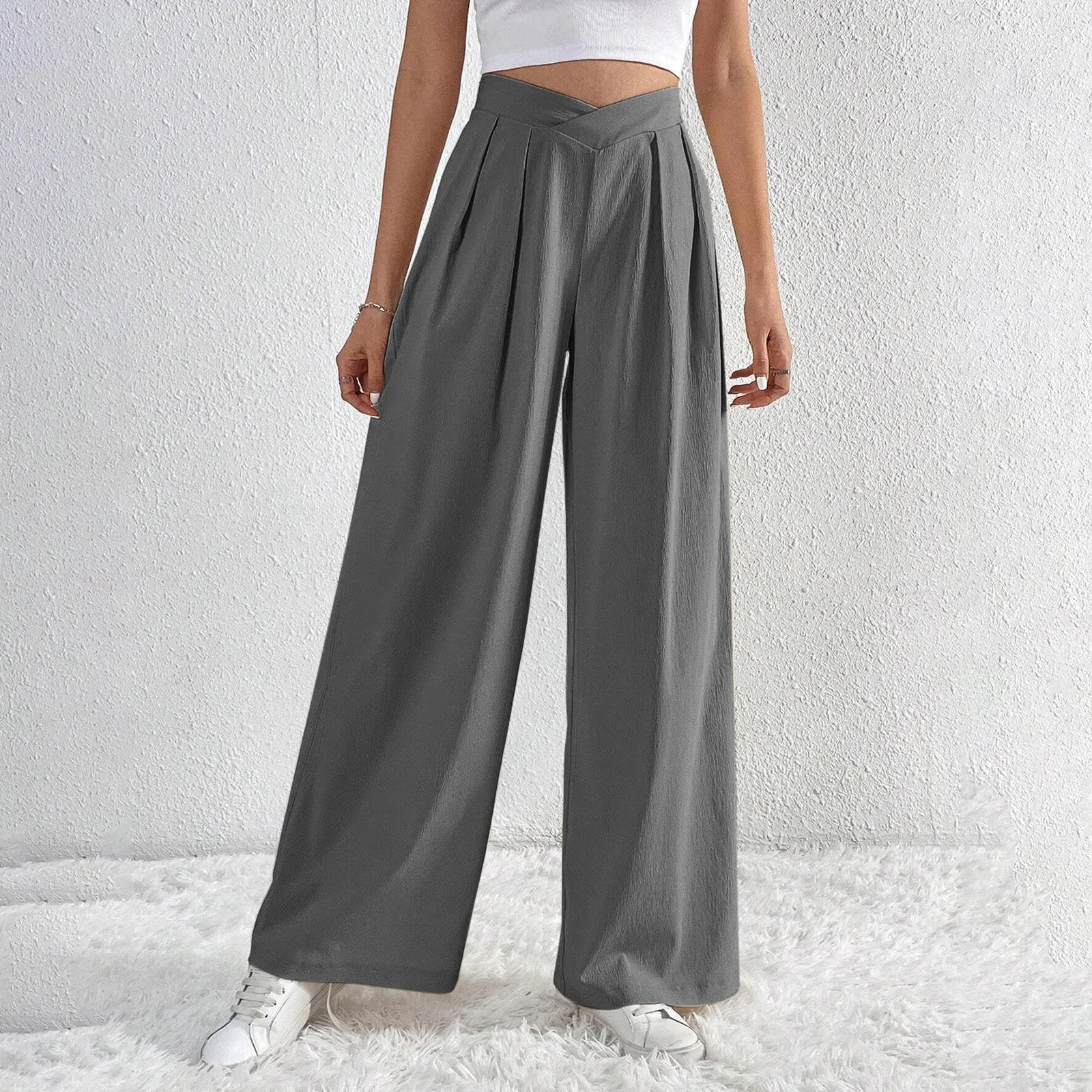 High Waisted V Shaped Side Pocket Wide Leg Palazzo Quick Dry Casual Pants