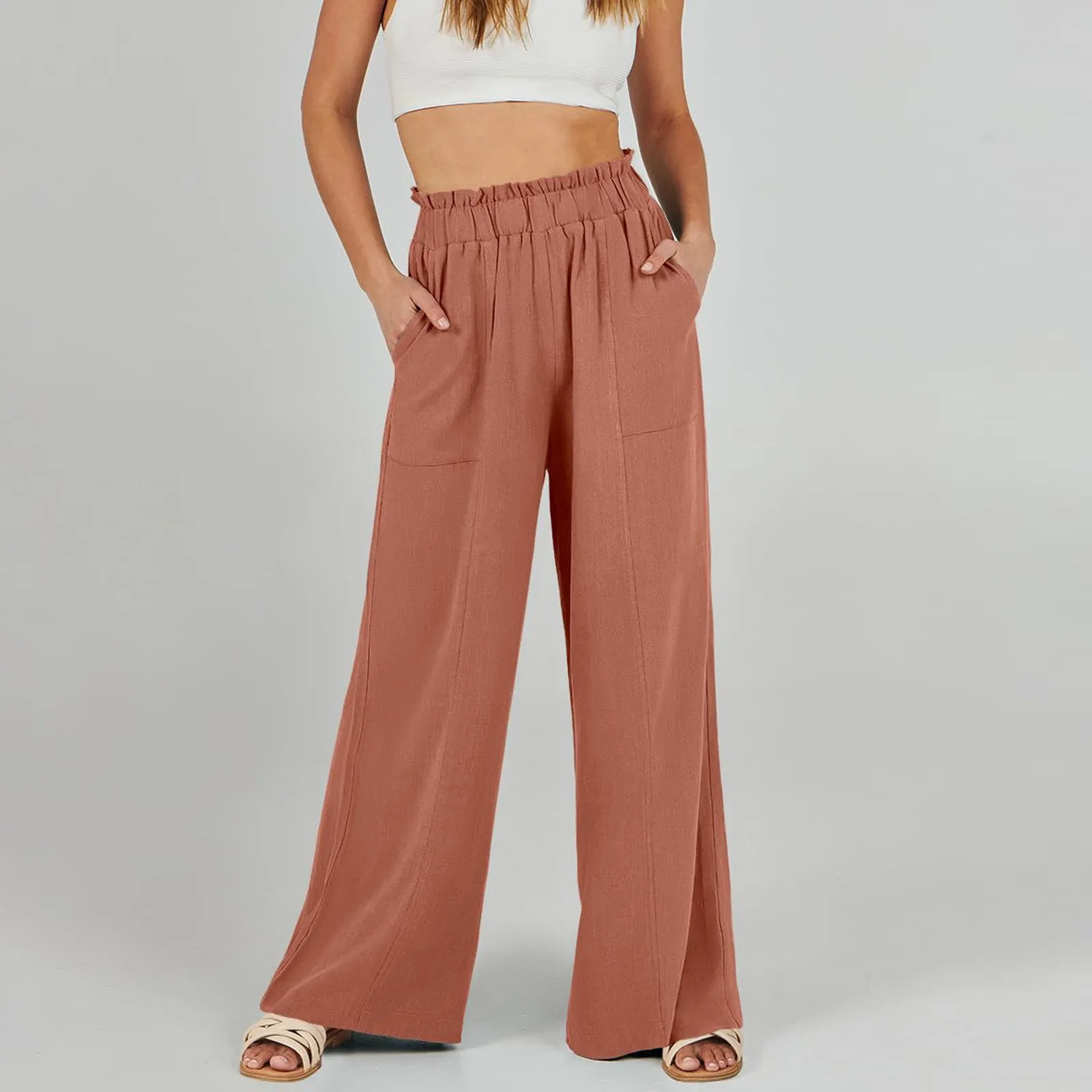 Low Rise Frill Multiple Pockets Resort Linen-feel Pants
