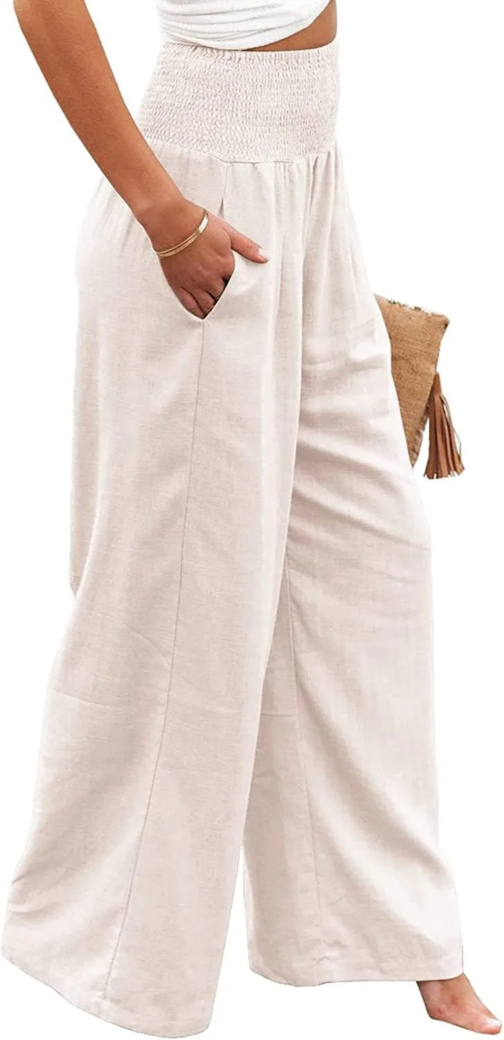 High Waisted Multiple Pockets Wide Leg Palazzo Casual Linen-feel Pants