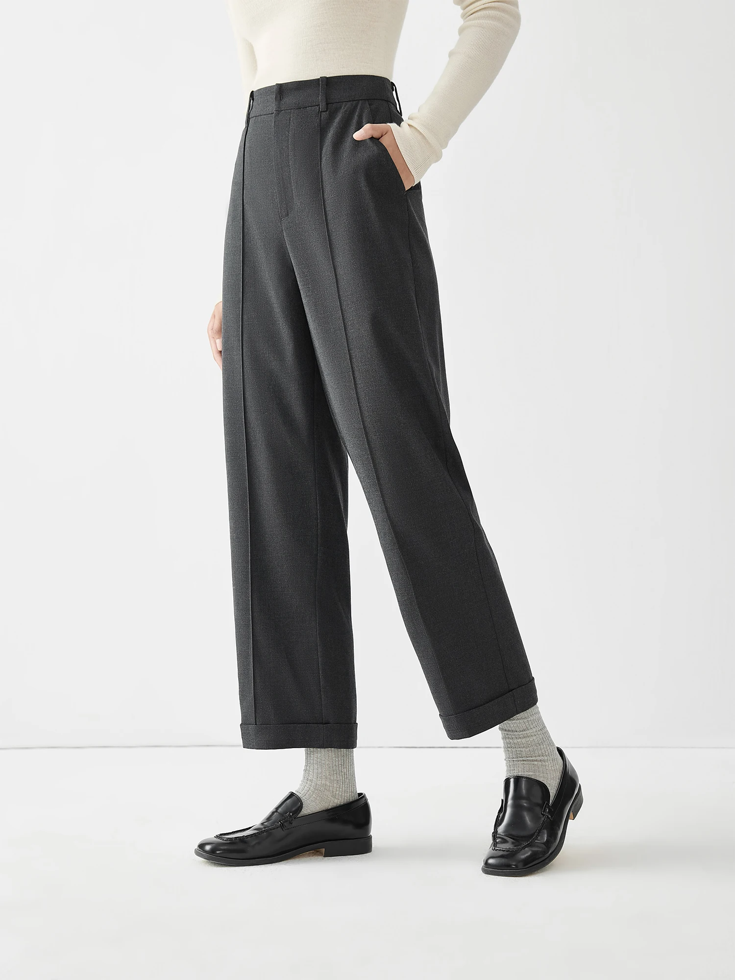High Waisted Side Pocket Roll-up Legs Work Pants