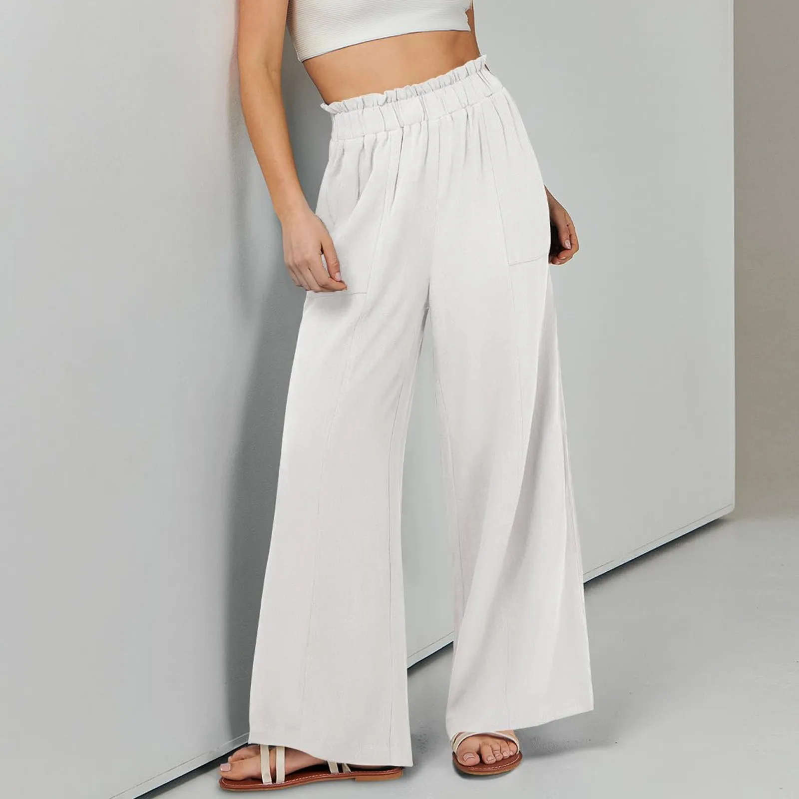 Low Rise Frill Multiple Pockets Resort Linen-feel Pants