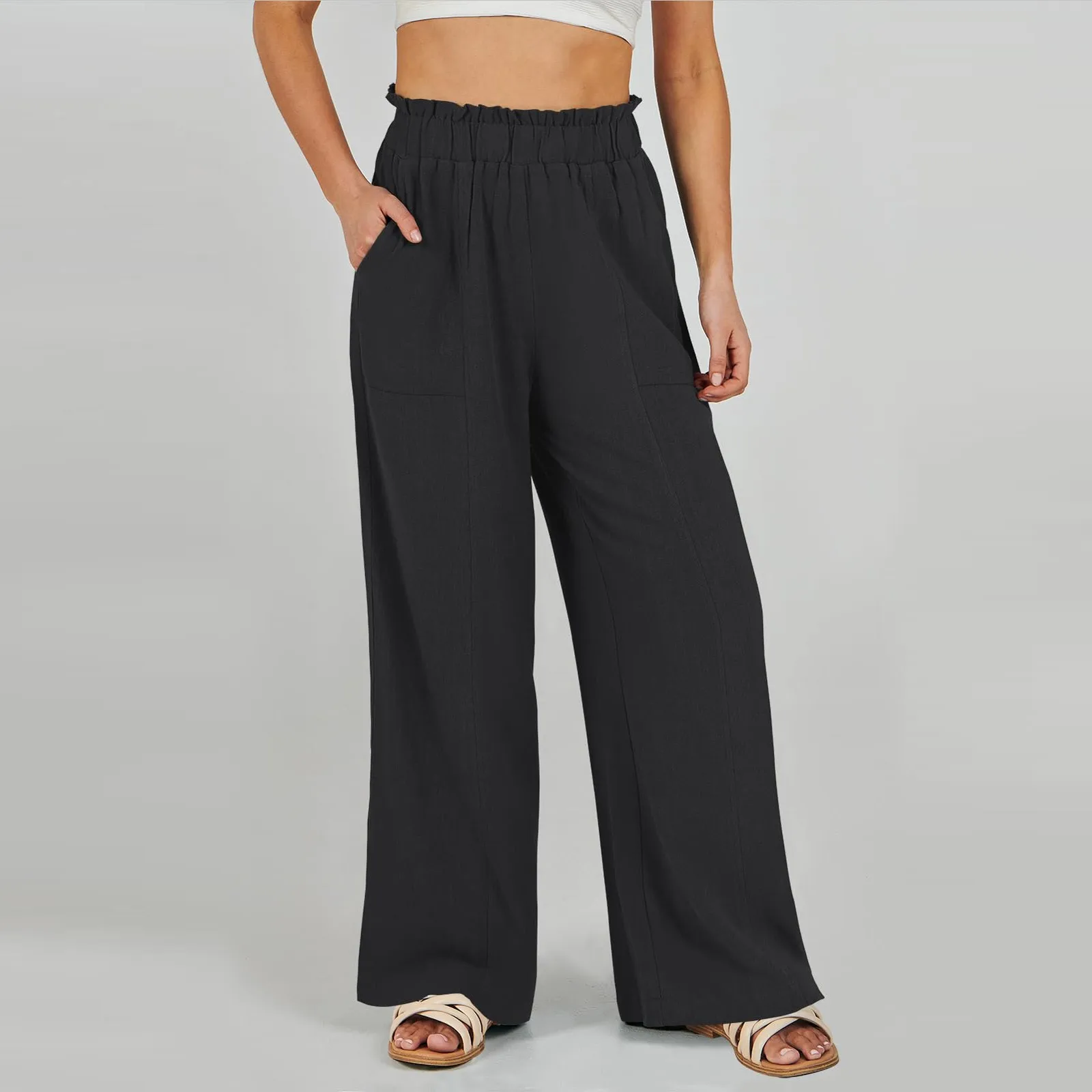 Low Rise Frill Multiple Pockets Resort Linen-feel Pants