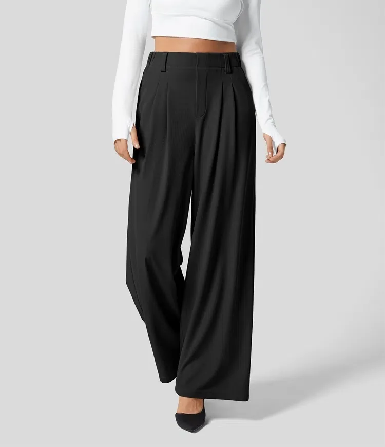 High Waisted Side Pocket Wide Leg Flowy Solid Palazzo Quick Dry Casual Pants