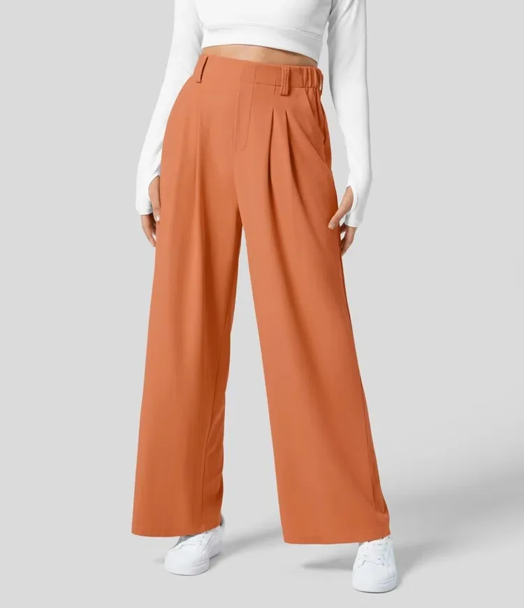 High Waisted Side Pocket Wide Leg Flowy Solid Palazzo Quick Dry Casual Pants