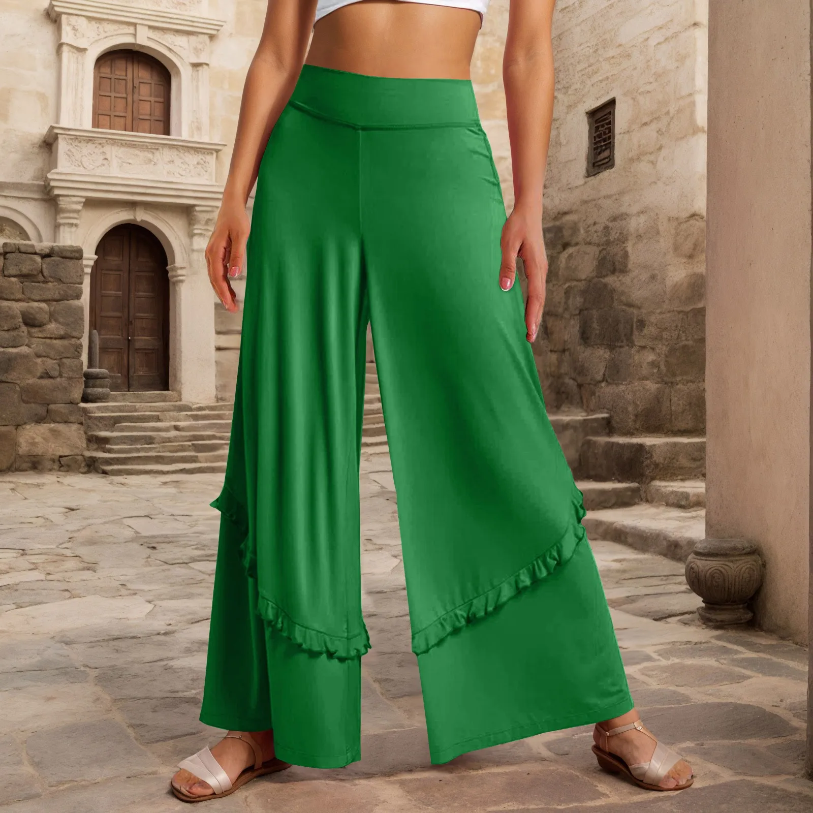Mid Rise Back Pocket Ruffle Flowy Wide Leg Casual Pants