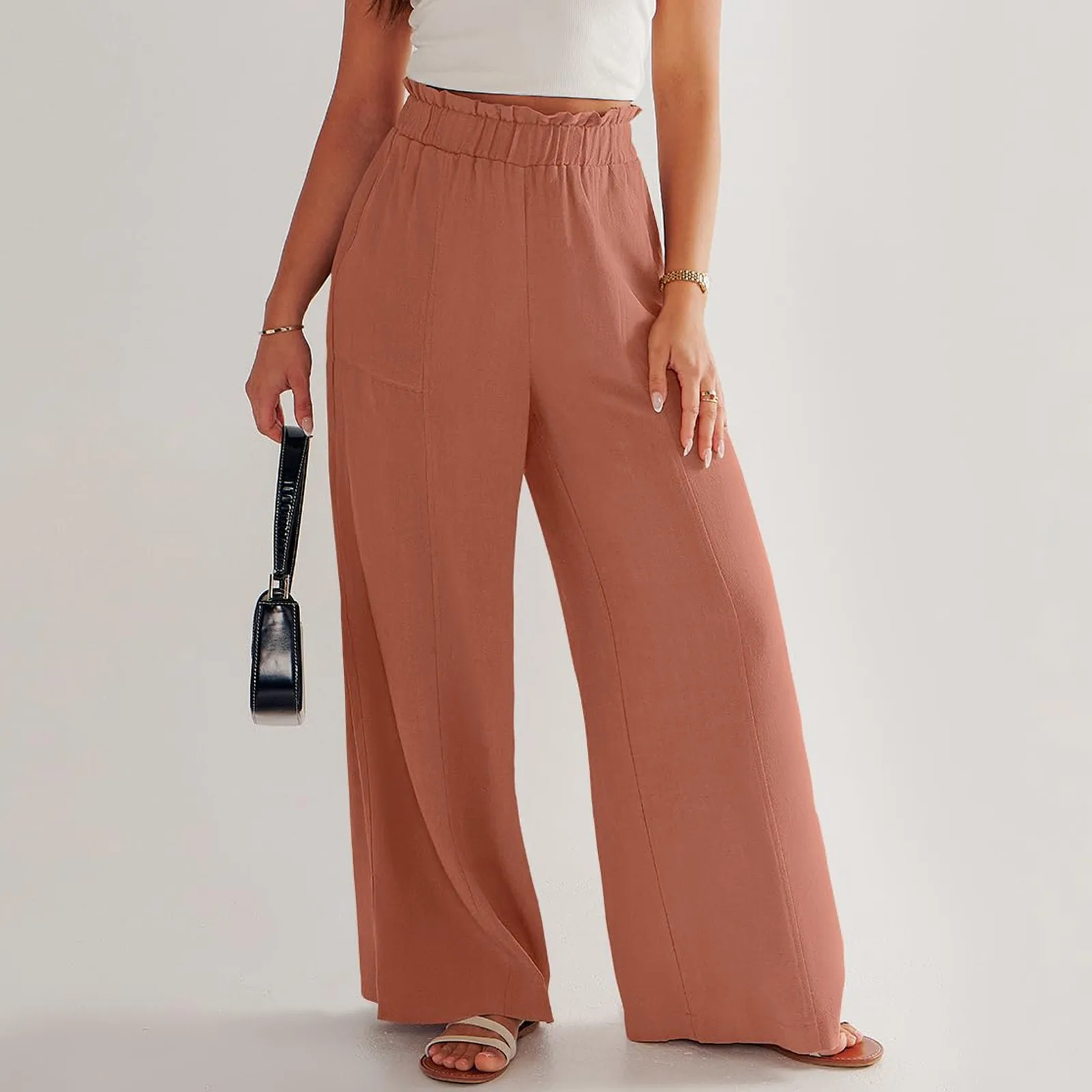 Low Rise Frill Multiple Pockets Resort Linen-feel Pants