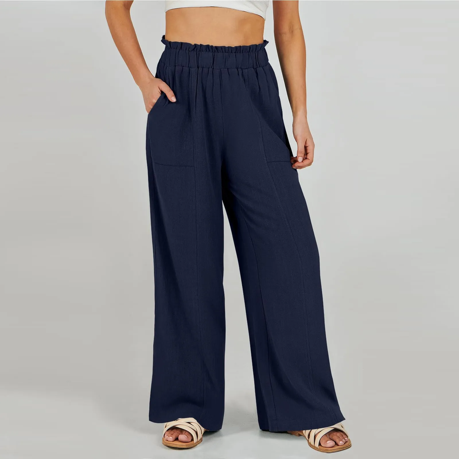 Low Rise Frill Multiple Pockets Resort Linen-feel Pants