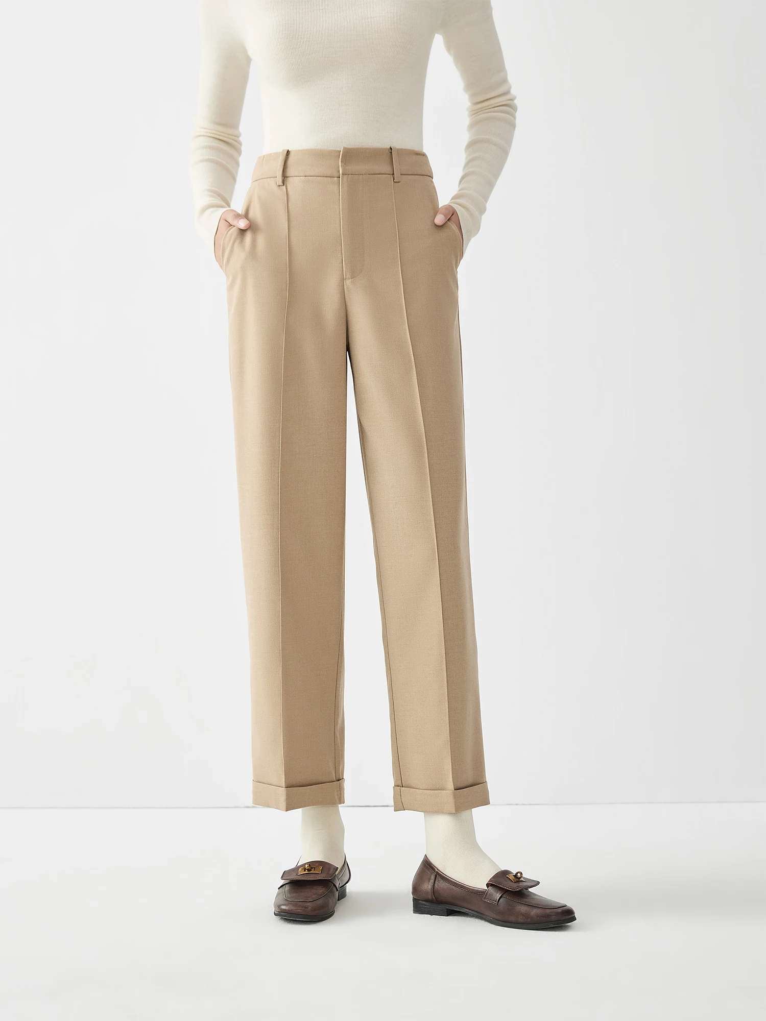 High Waisted Side Pocket Roll-up Legs Work Pants
