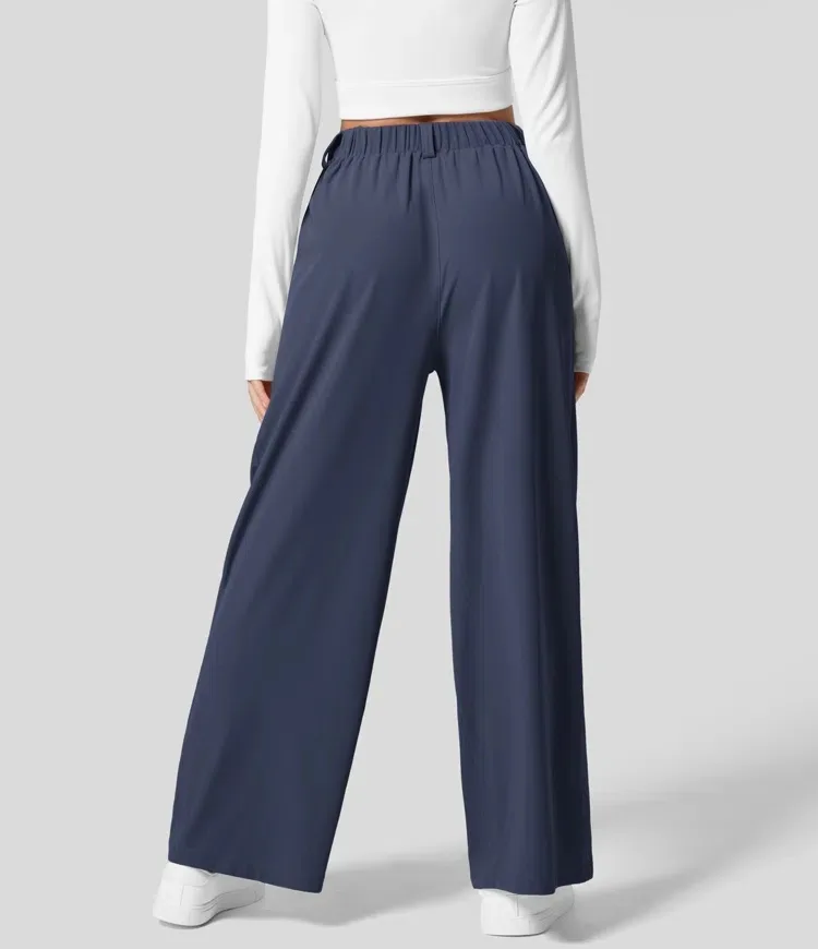 High Waisted Side Pocket Wide Leg Flowy Solid Palazzo Quick Dry Casual Pants