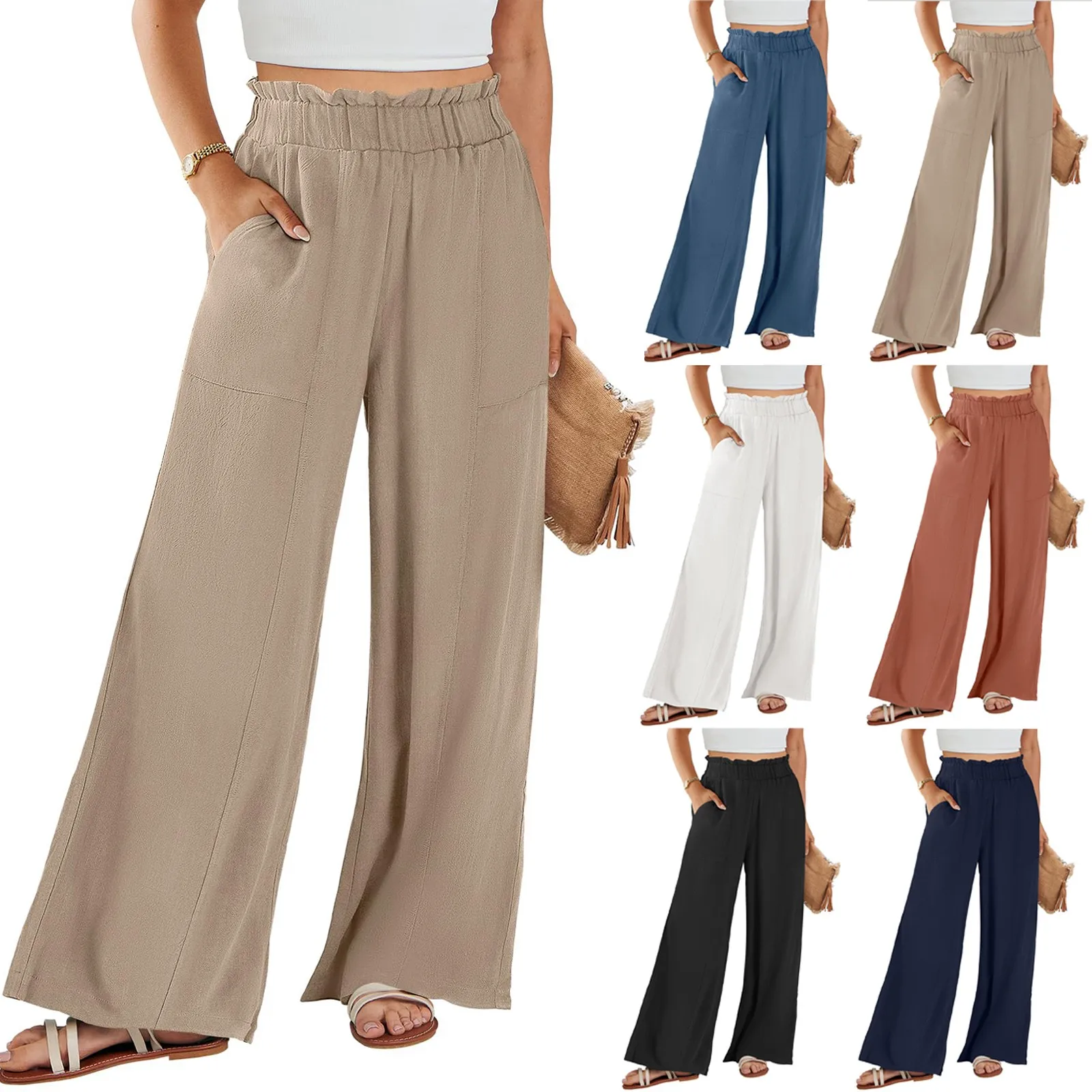 Low Rise Frill Multiple Pockets Resort Linen-feel Pants