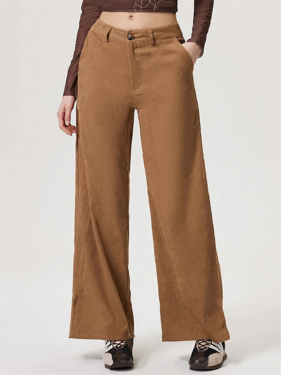 High Waisted Front Side Pocket Wide Leg Corduroy Casual Pants