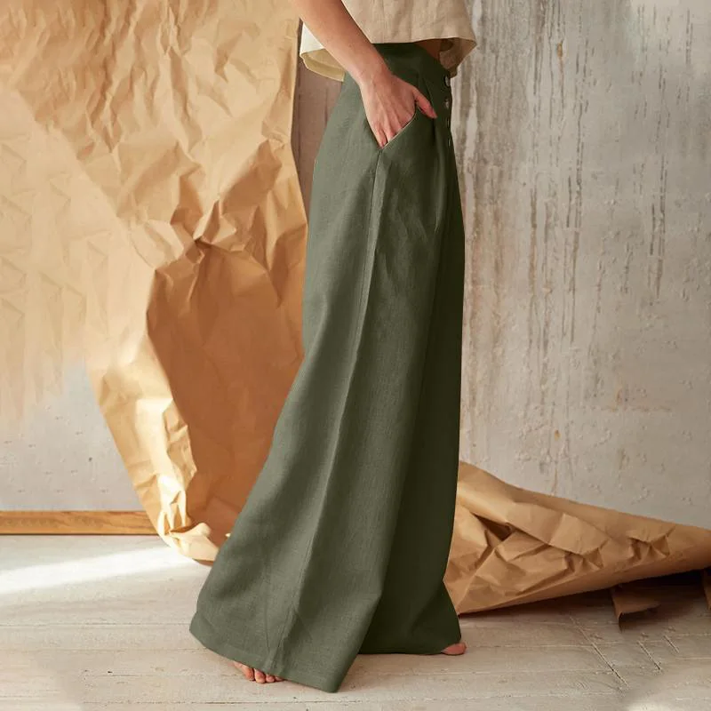 High Waisted Button Side Pocket Wide Leg Linen-feel Casual Cotton Pants